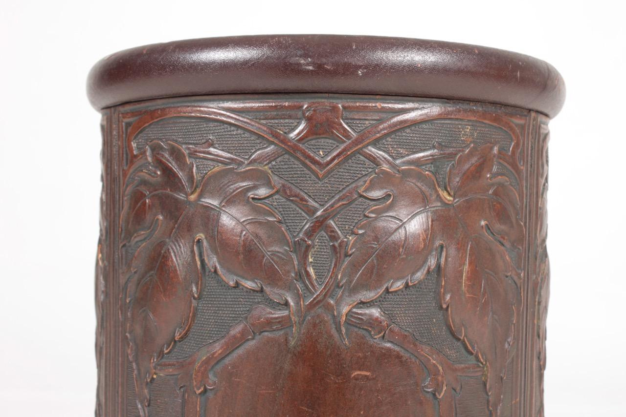 Early 20th Century Art Nouveau Waste Bin in Patinated Leather, 1910s For Sale