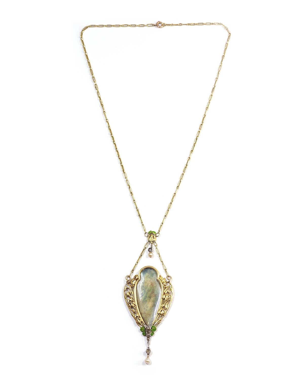 Art Nouveau water lilies necklace and irises in 18k gold, naturalist jewelry For Sale 1