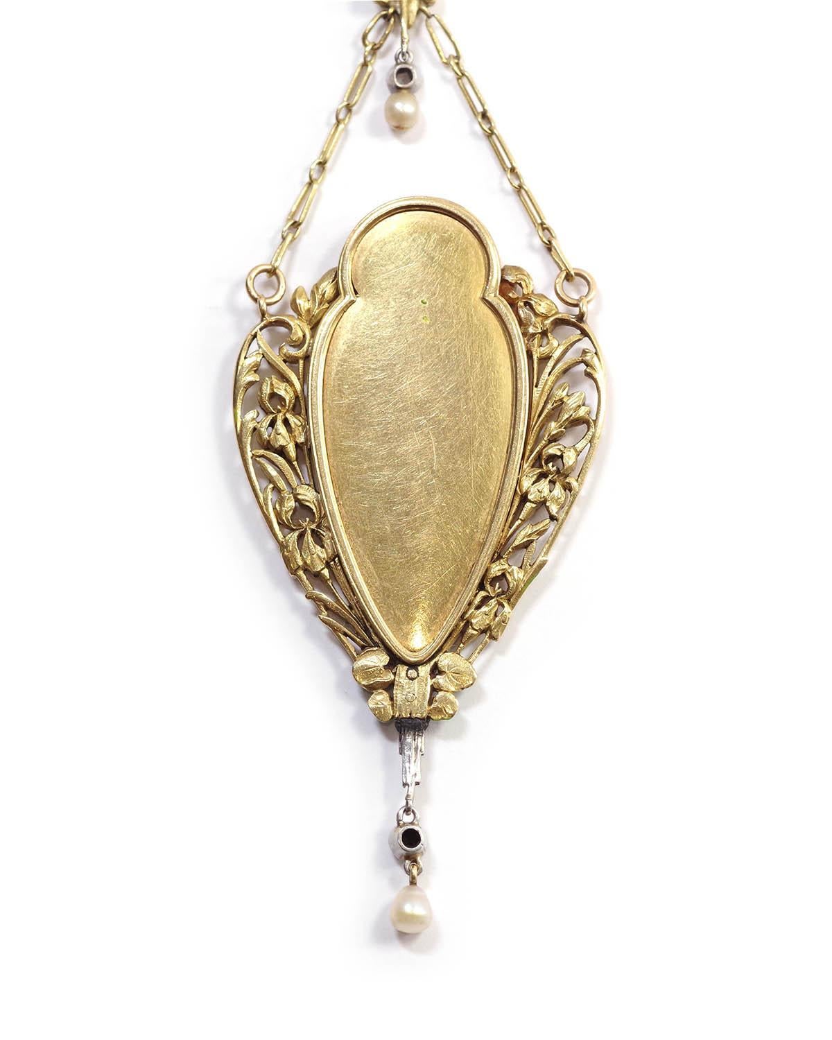 Art Nouveau water lilies necklace and irises in 18k gold, naturalist jewelry For Sale 2