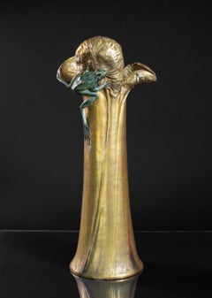 Art Nouveau Water Lily Vase w/Frog & Fly by Eduard Stellmacher & Co.