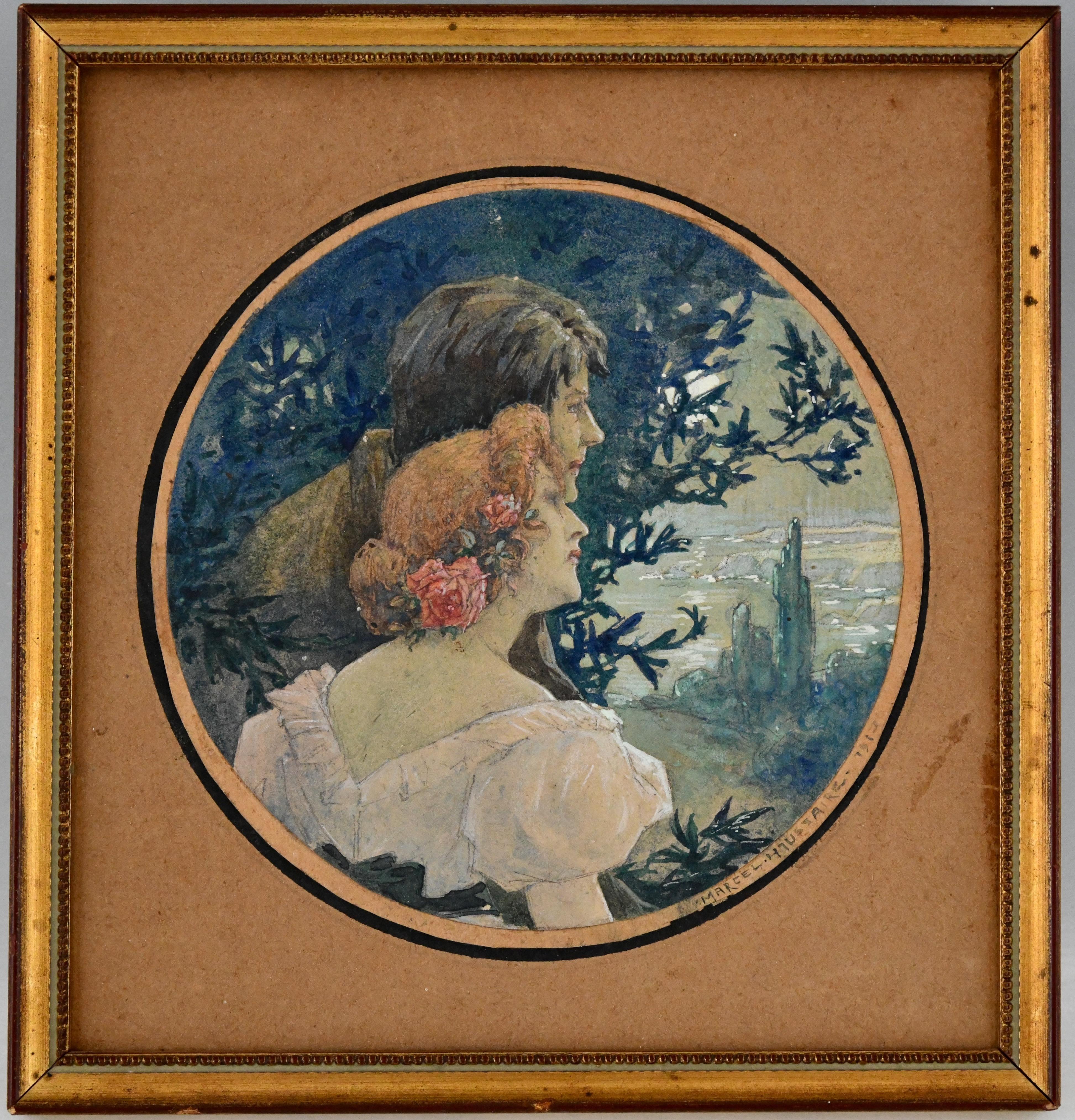 Art Nouveau watercolor painting of a couple in a landscape signed by Marcel Haussaire. Dated 1913. In original frame. France.