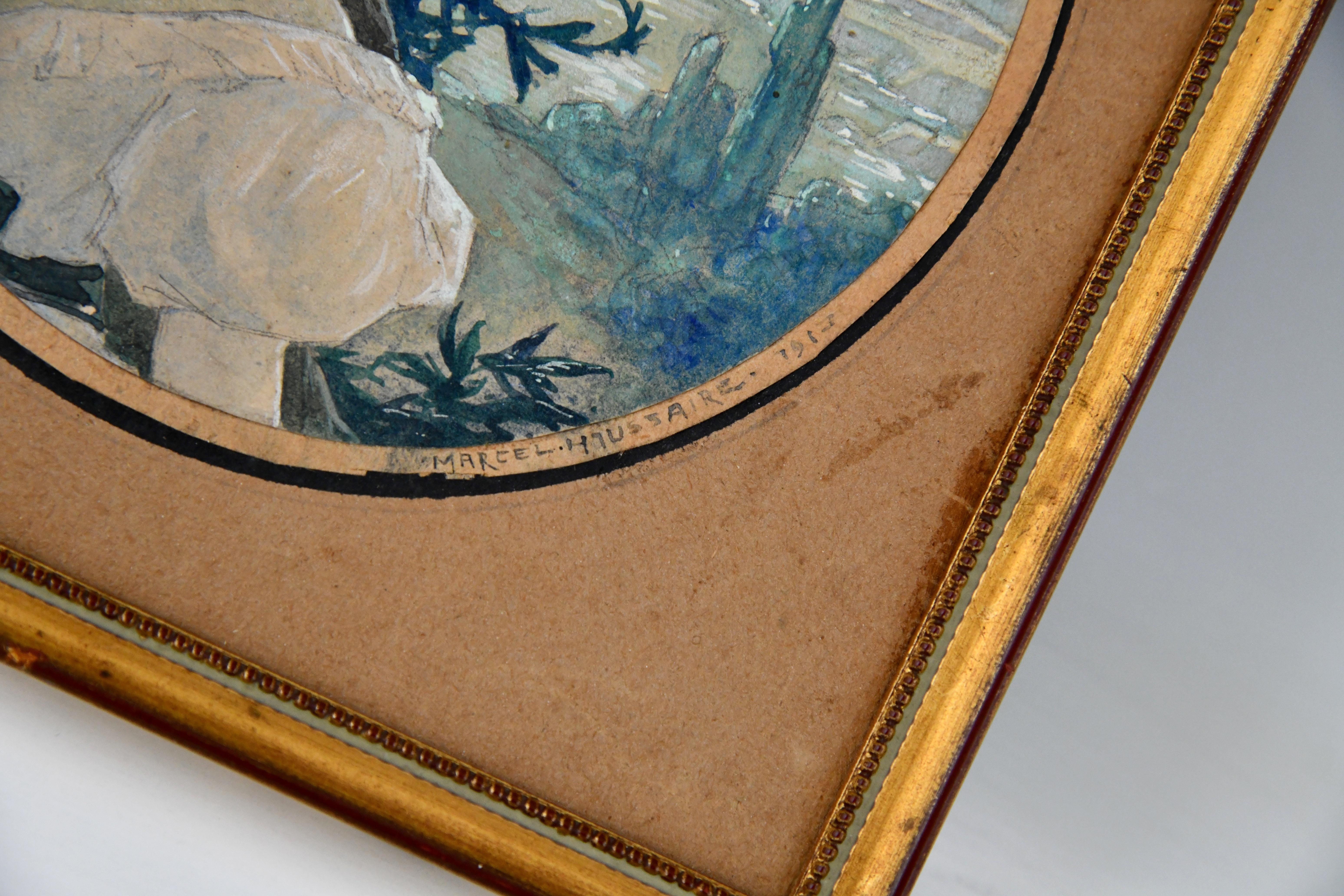 French Art Nouveau watercolor painting of a couple in a landscape Marcel Haussaire 1913