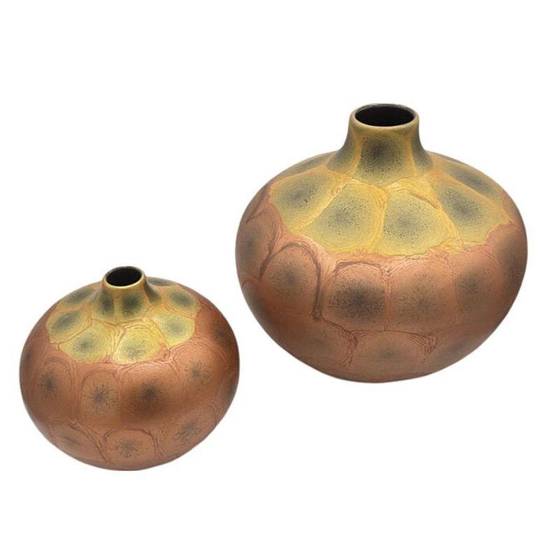 Americano Vaso in stile Art Nouveau Weller in ambra iridescente e oro cotto al raku, coppia in vendita