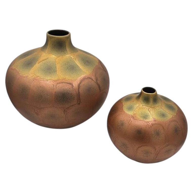 Art Nouveau Weller Style Iridescent Amber & Gold Raku Fired Vase, Pair For Sale