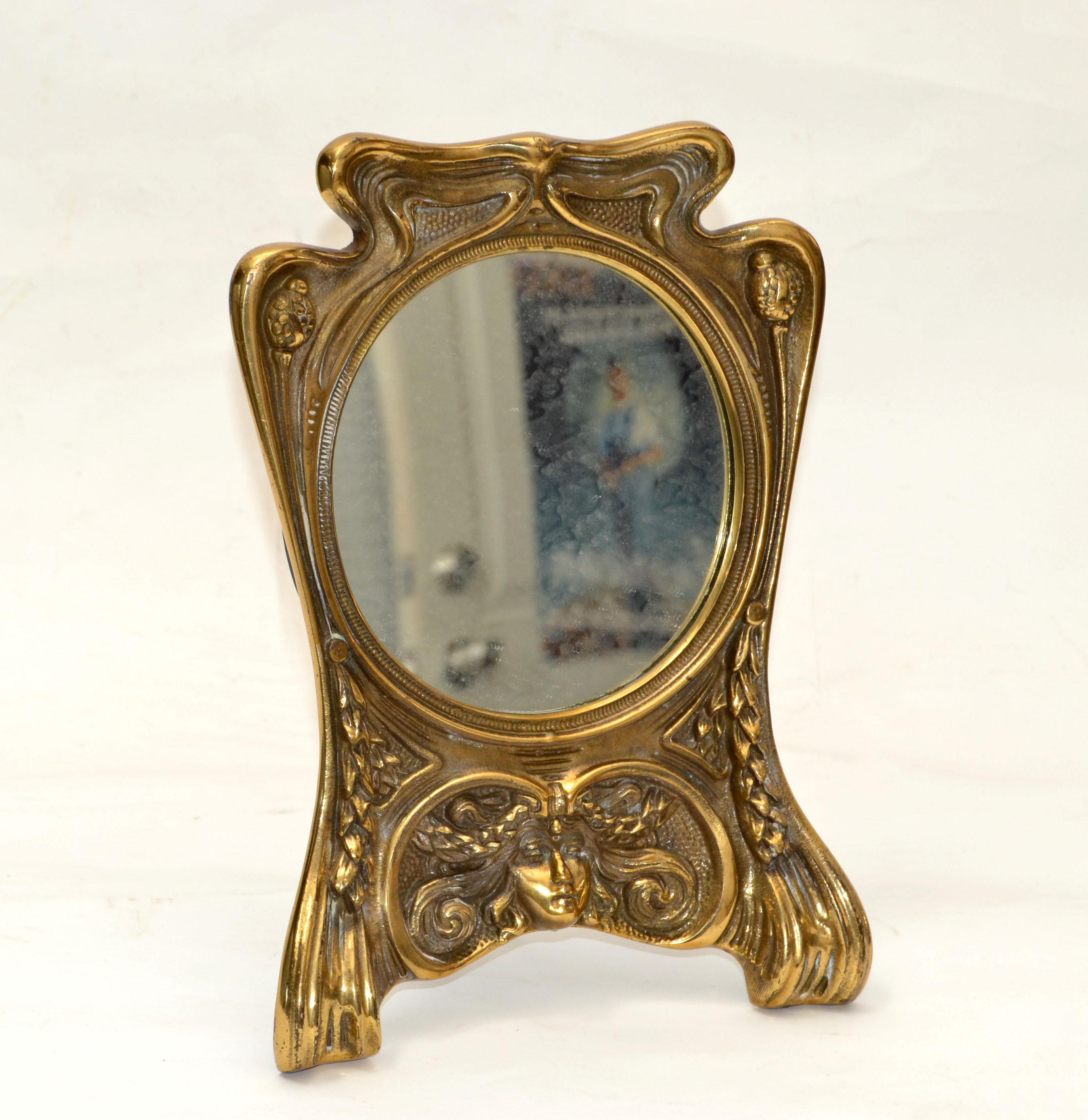 Art Nouveau Whimsical Handcrafted Golden Bronze Table Mirror Vanity Mirror 1940 For Sale 1