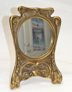 Art Nouveau Whimsical Handcrafted Golden Bronze Table Mirror Vanity Mirror 1940