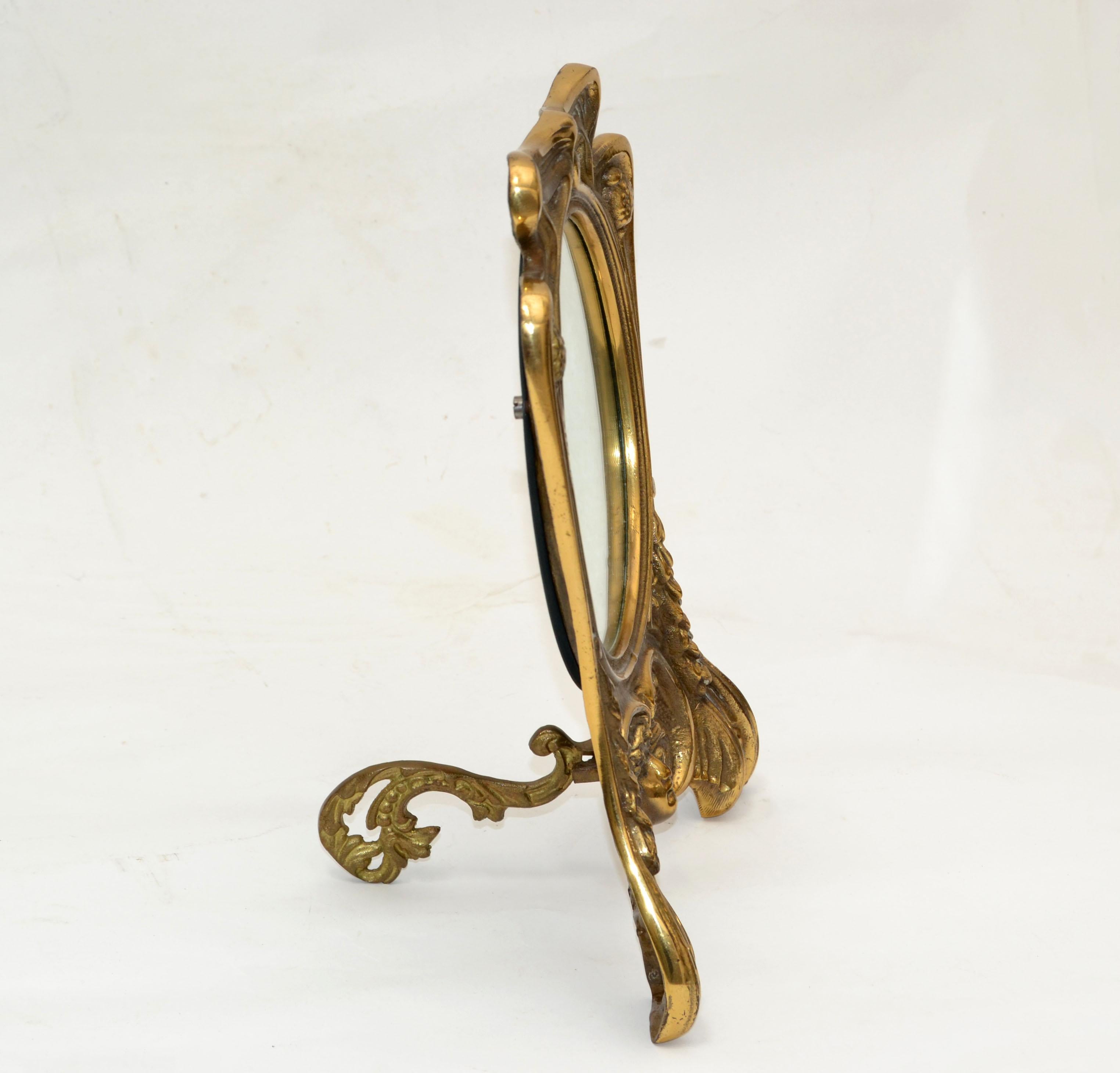 American Art Nouveau Whimsical Handcrafted Golden Bronze Table Mirror Vanity Mirror 1940 For Sale