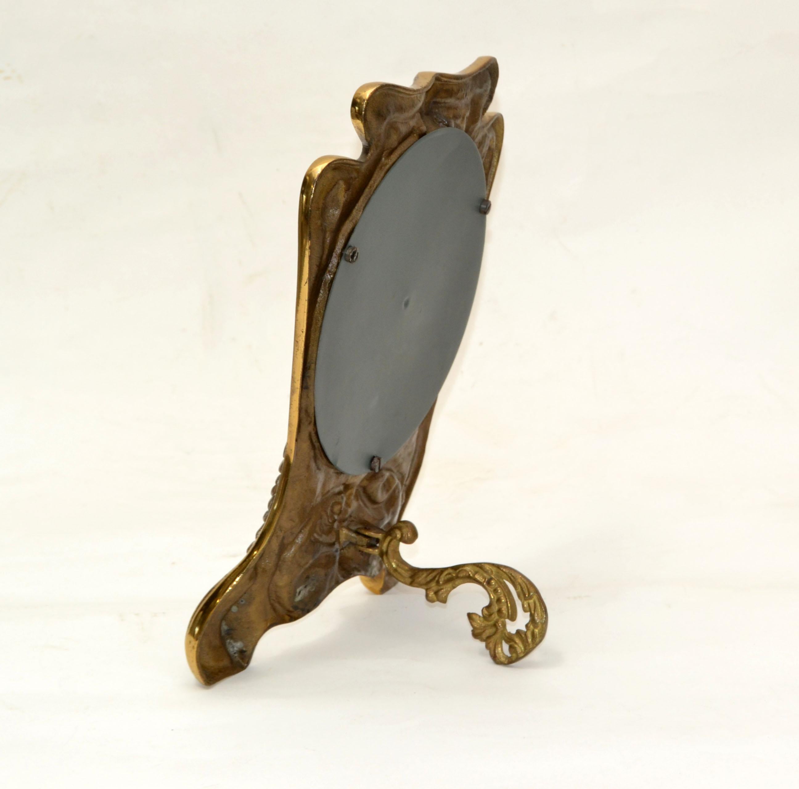 Cast Art Nouveau Whimsical Handcrafted Golden Bronze Table Mirror Vanity Mirror 1940 For Sale