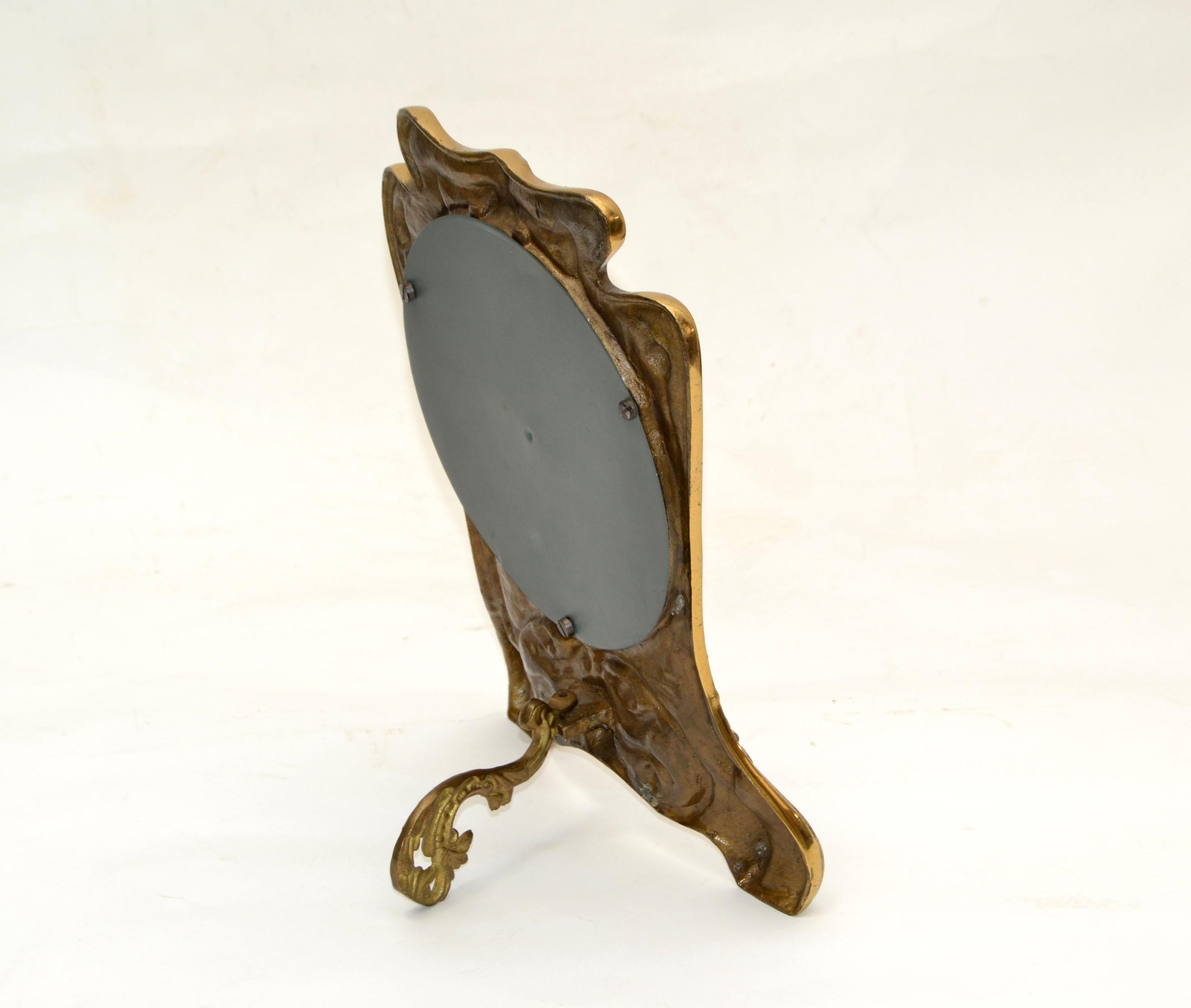 Art Nouveau Whimsical Handcrafted Golden Bronze Table Mirror Vanity Mirror 1940 In Good Condition For Sale In Miami, FL
