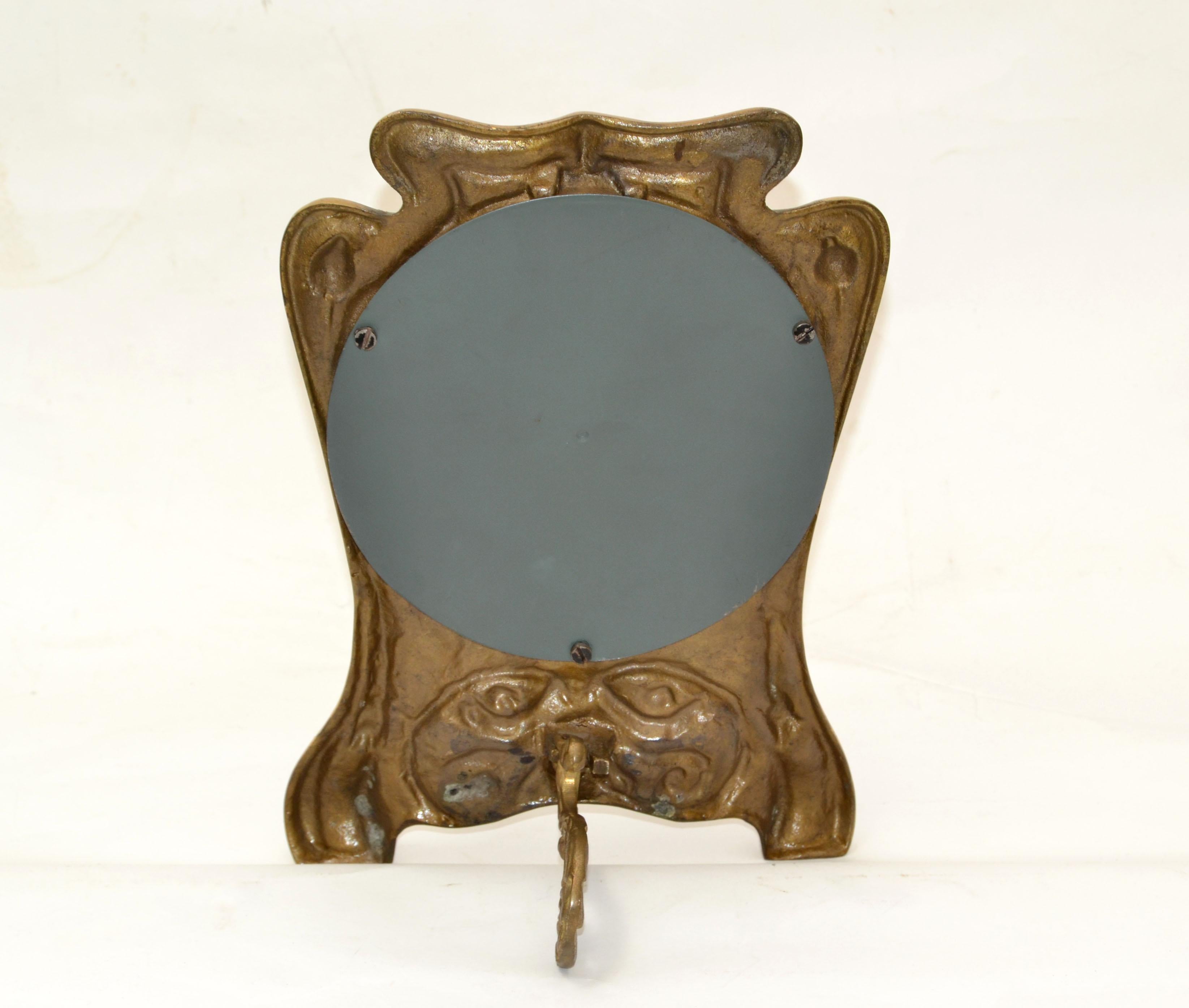 20th Century Art Nouveau Whimsical Handcrafted Golden Bronze Table Mirror Vanity Mirror 1940 For Sale