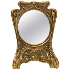 Art Nouveau Whimsical Handcrafted Golden Bronze Table Mirror Vanity Mirror 1940