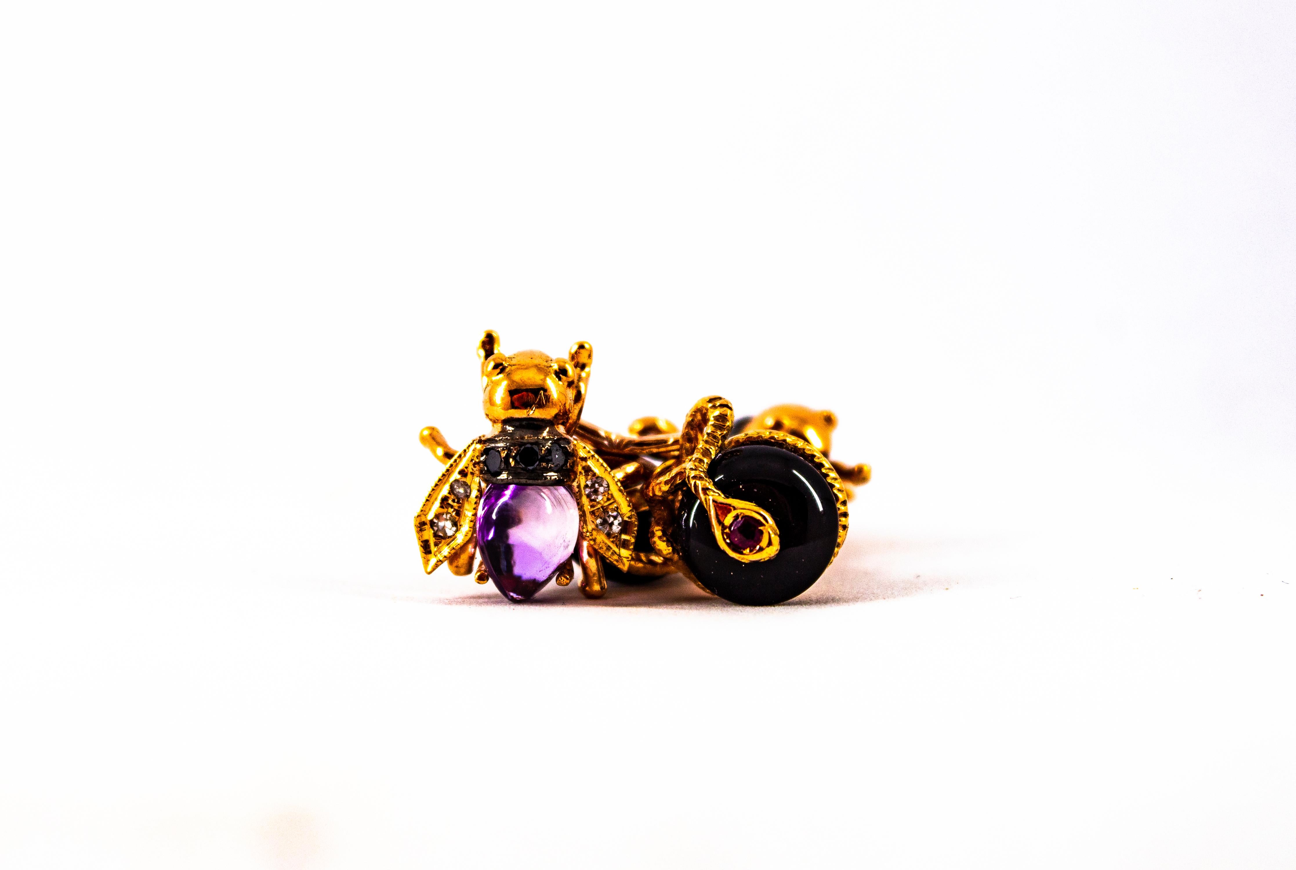 Brilliant Cut Art Nouveau White Black Diamond Amethyst Ruby Onyx Yellow Gold Bees Cufflinks