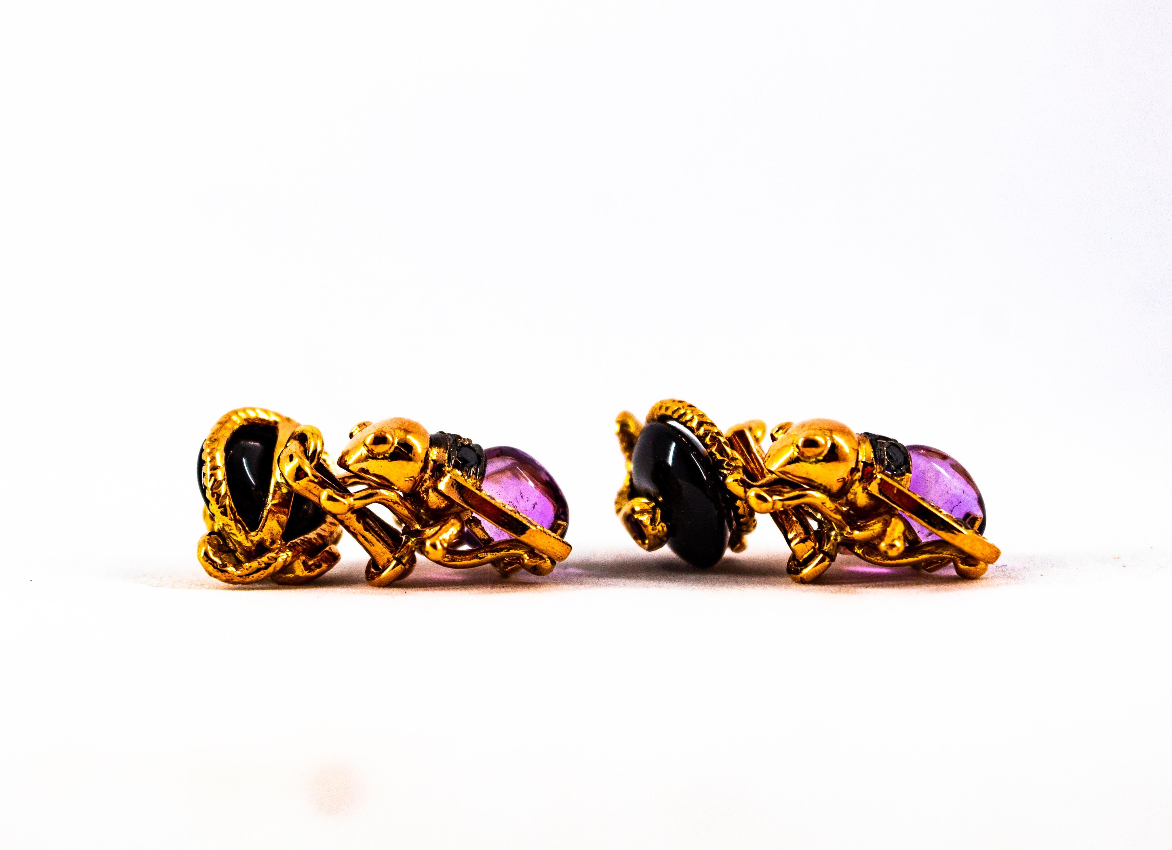 Art Nouveau White Black Diamond Amethyst Ruby Onyx Yellow Gold Bees Cufflinks In New Condition In Naples, IT