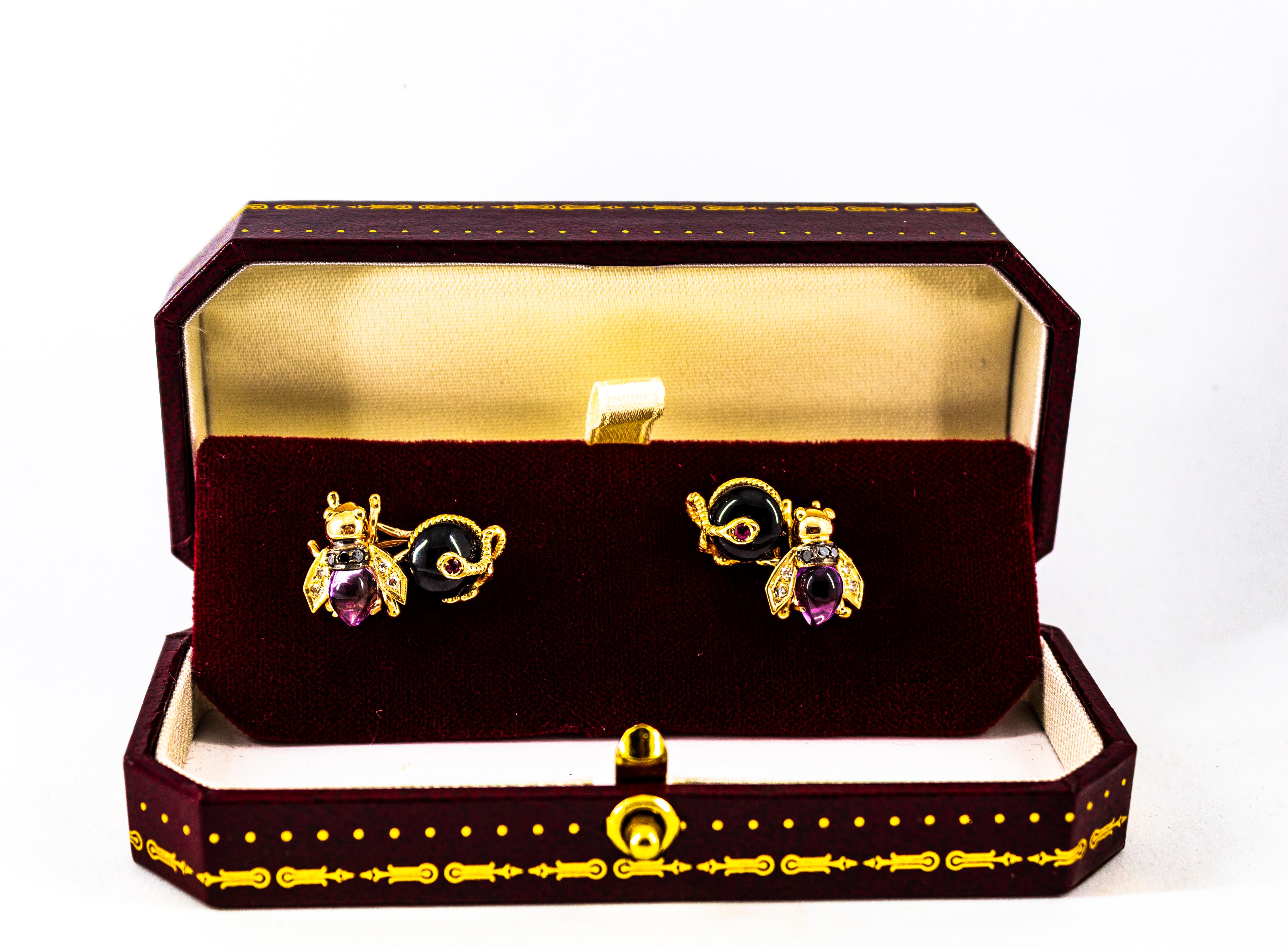 Women's or Men's Art Nouveau White Black Diamond Amethyst Ruby Onyx Yellow Gold Bees Cufflinks