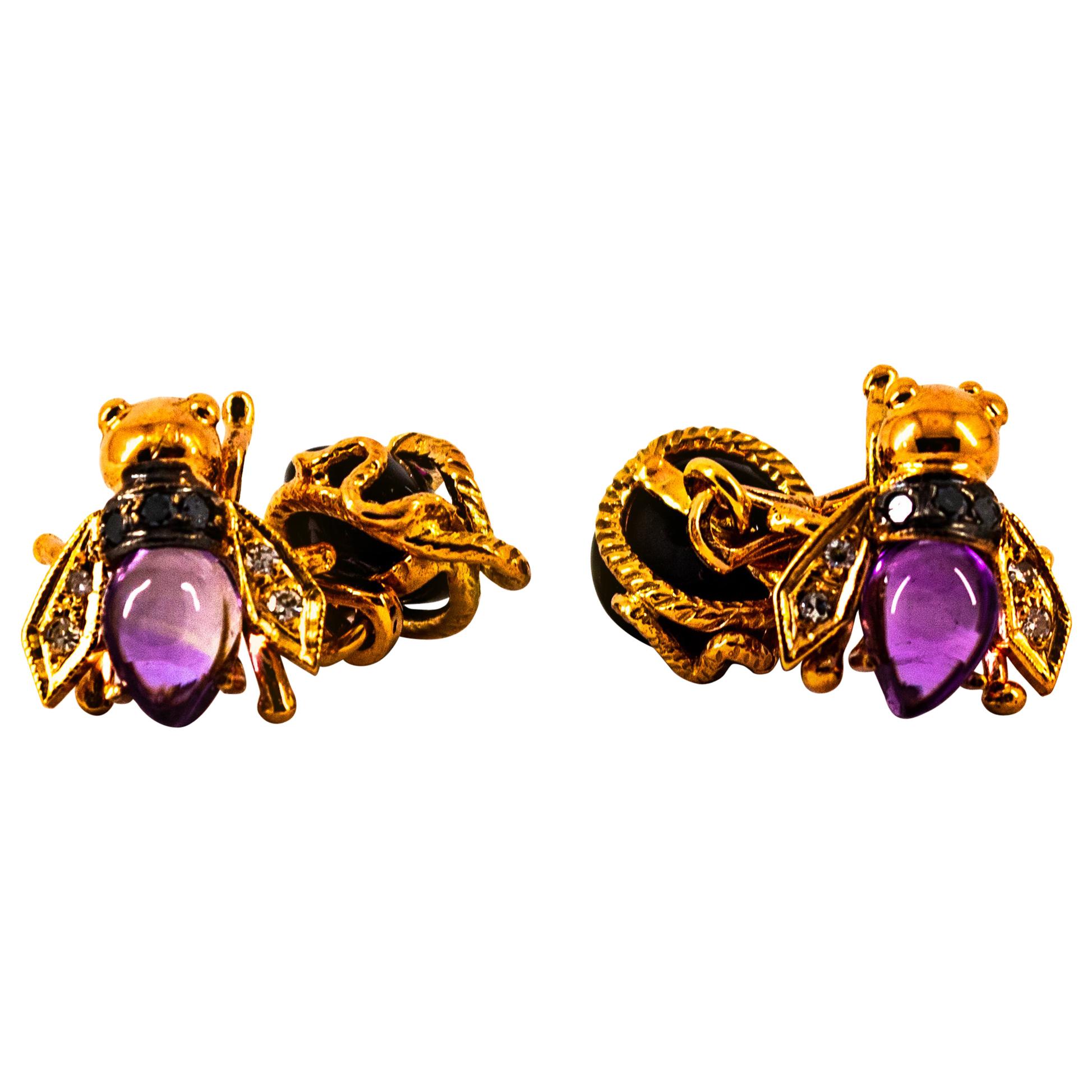 Art Nouveau White Black Diamond Amethyst Ruby Onyx Yellow Gold Bees Cufflinks