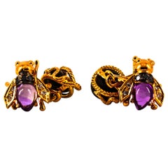 Art Nouveau White Black Diamond Amethyst Ruby Onyx Yellow Gold Bees Cufflinks