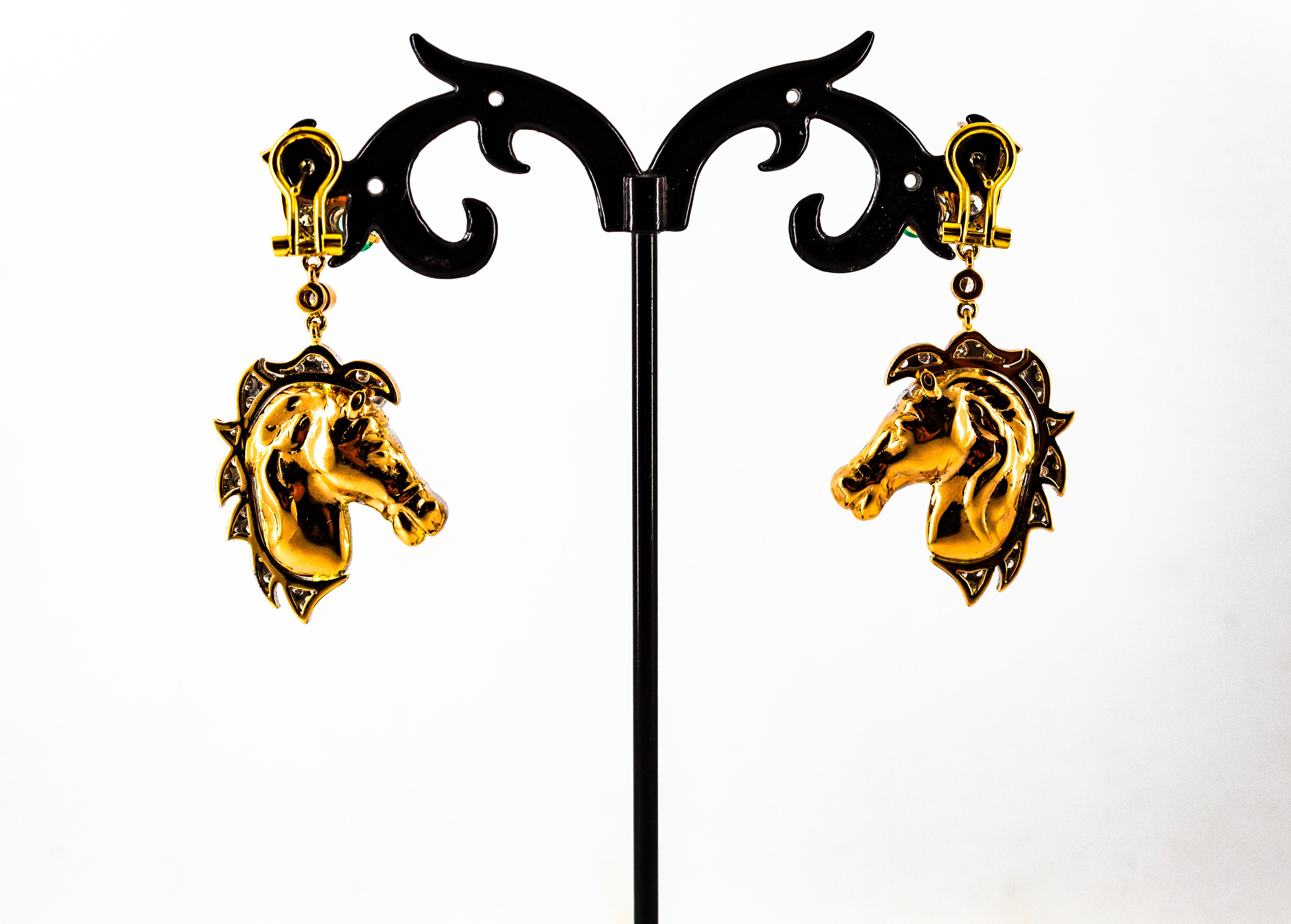 Art Nouveau White Black Diamond Ruby Emerald Yellow Gold Horses Clip-On Earrings 3