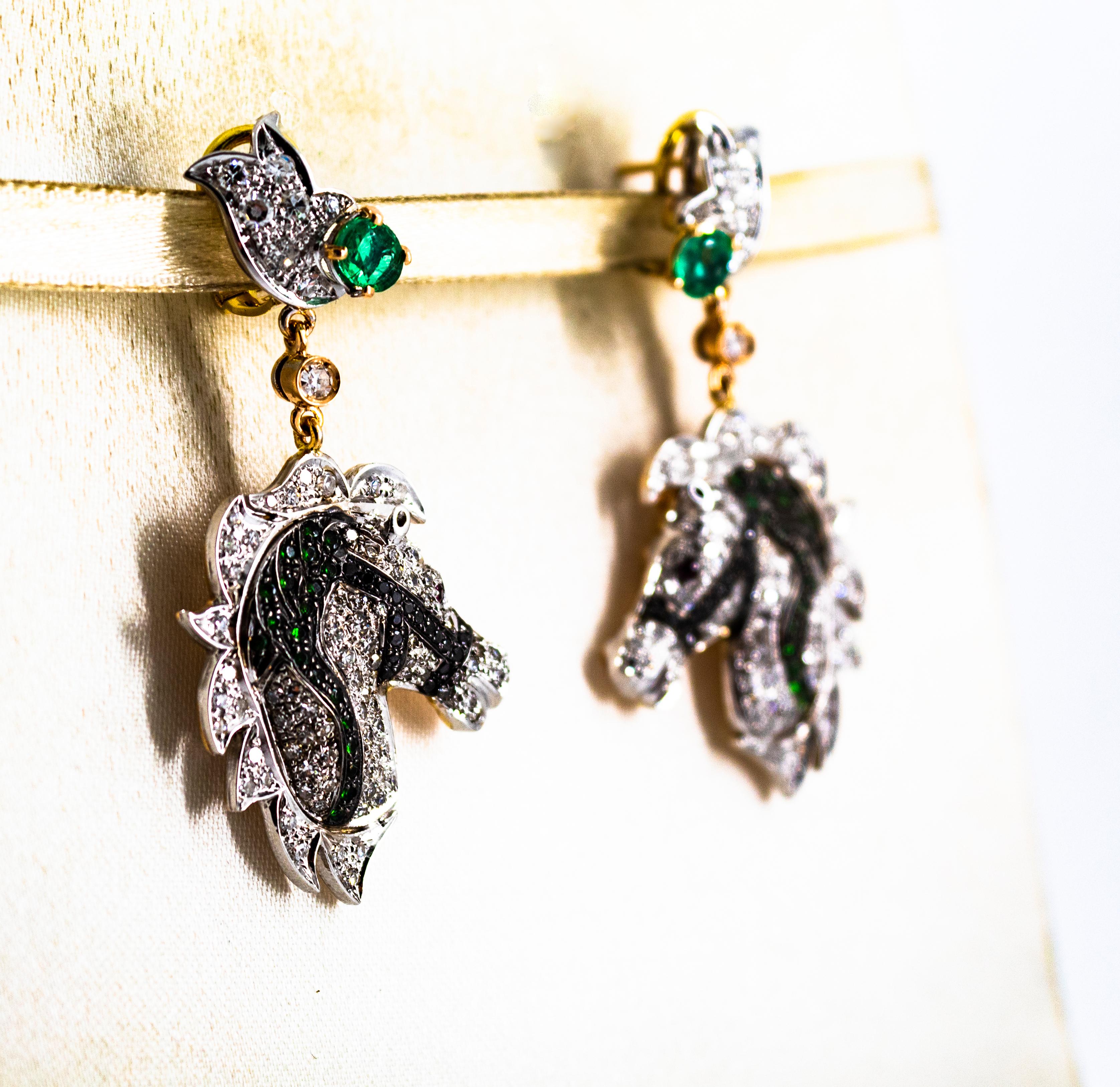 Mixed Cut Art Nouveau White Black Diamond Ruby Emerald Yellow Gold Horses Clip-On Earrings