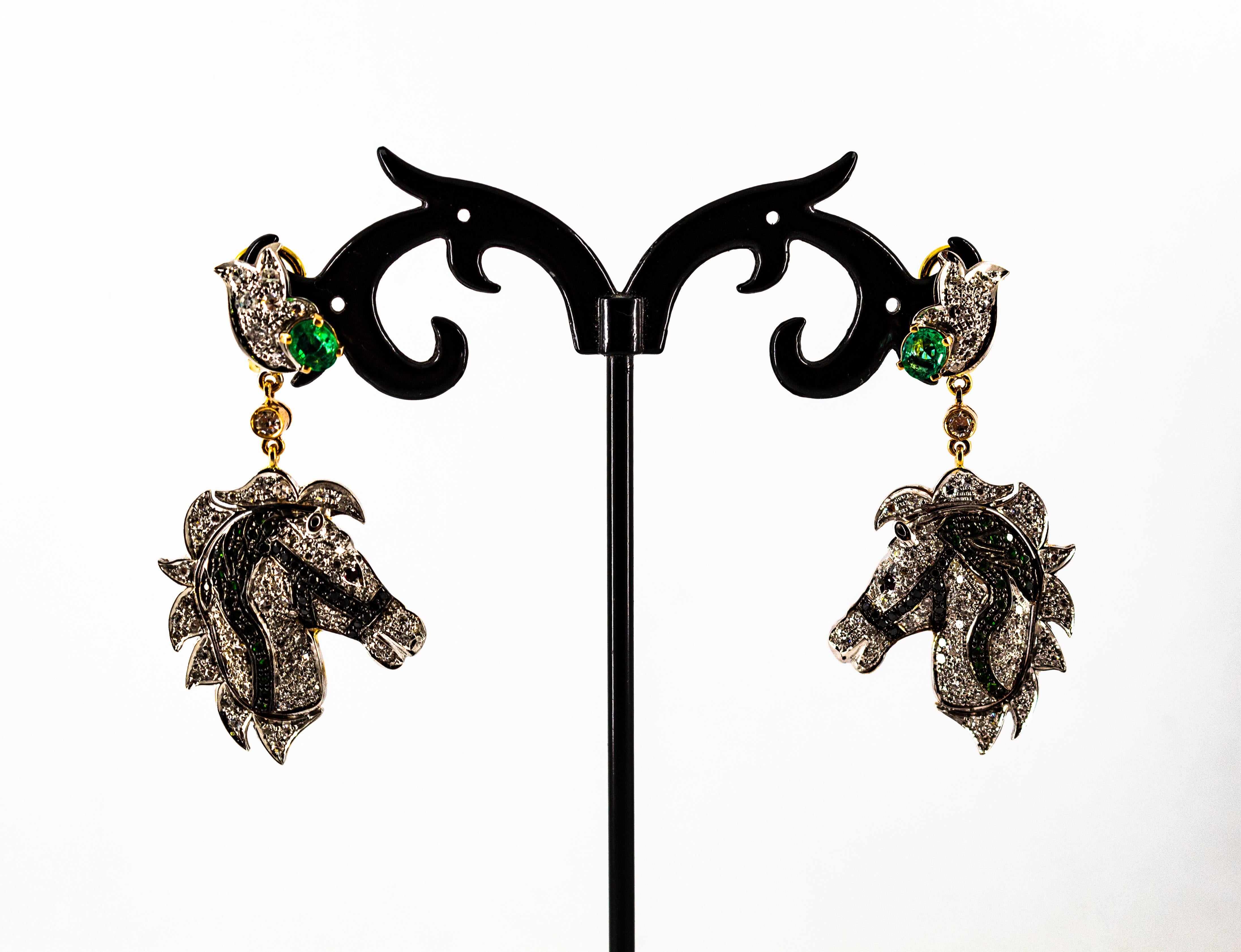 Women's or Men's Art Nouveau White Black Diamond Ruby Emerald Yellow Gold Horses Clip-On Earrings