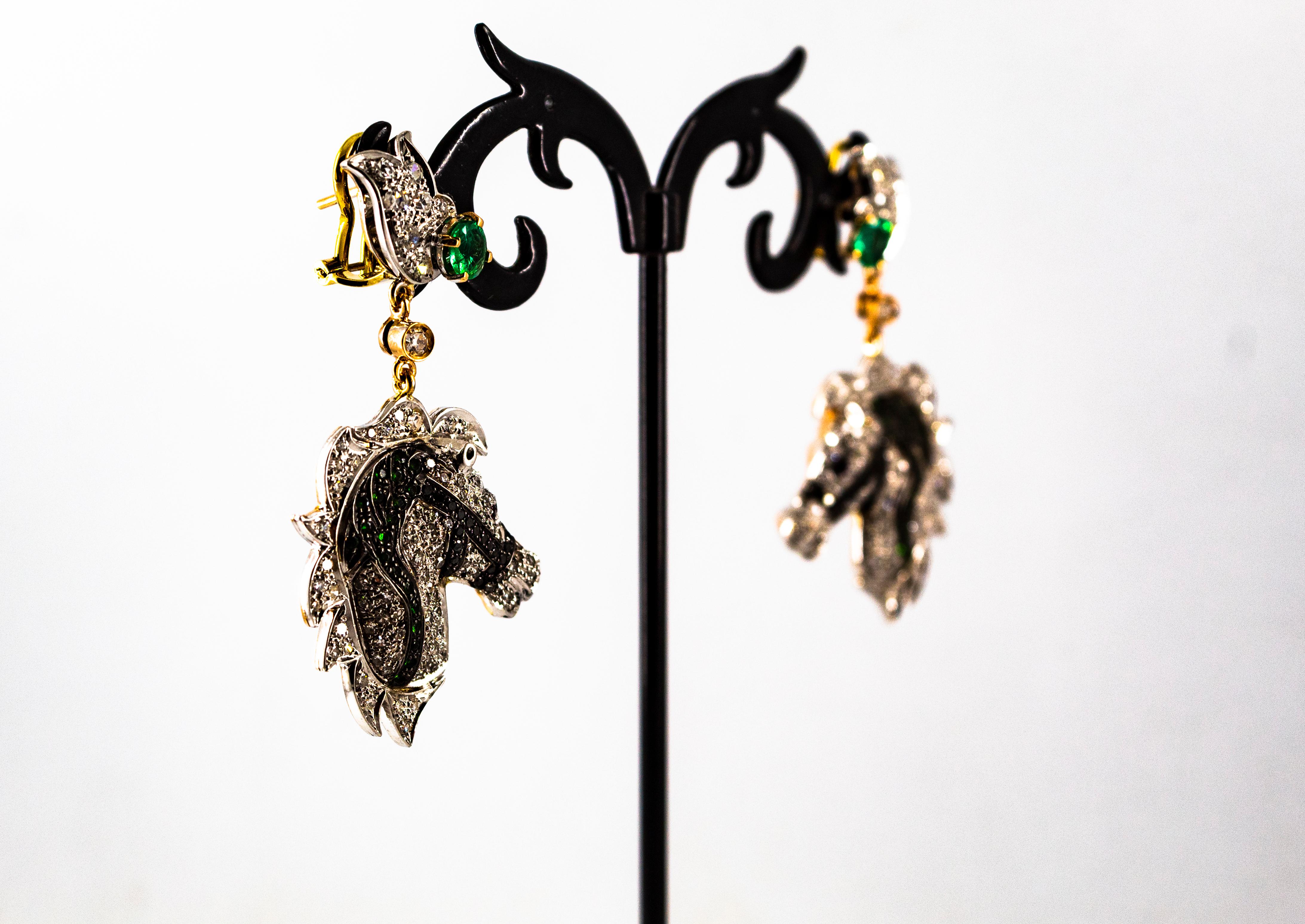 Art Nouveau White Black Diamond Ruby Emerald Yellow Gold Horses Clip-On Earrings 2