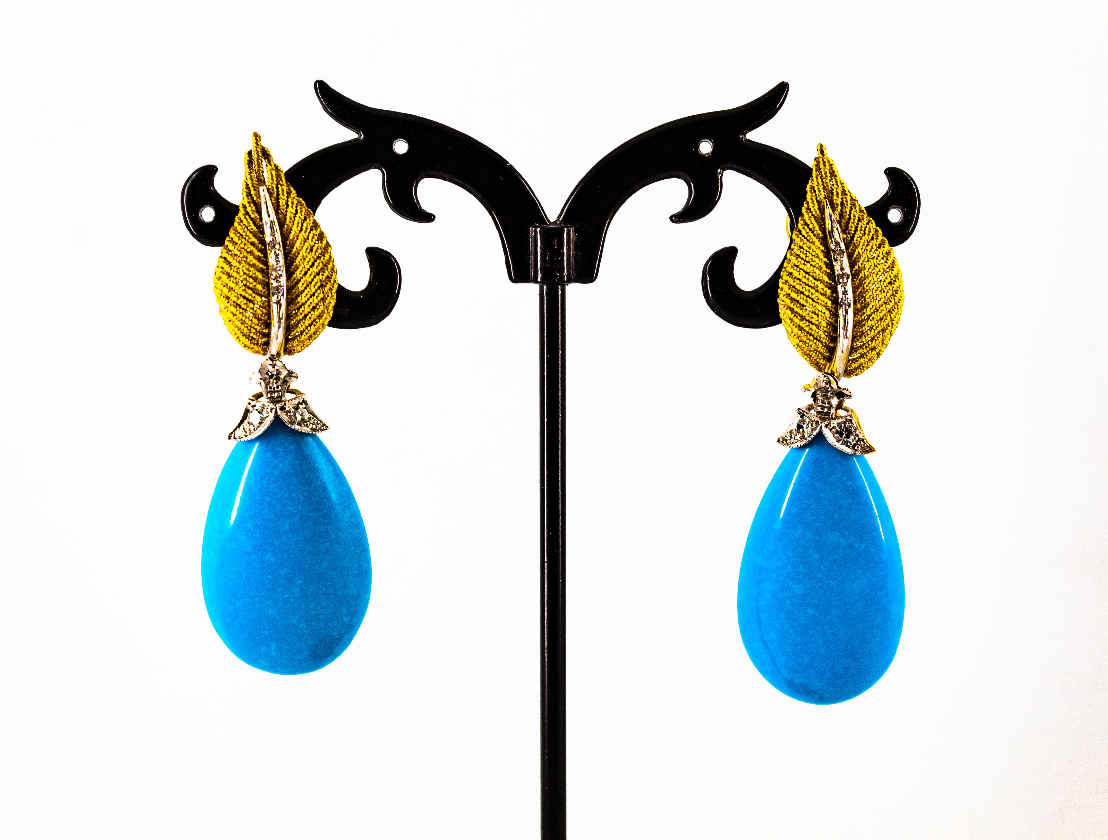 Art Nouveau White Brilliant Cut Diamond Turquoise Yellow Gold Clip-On Earrings 6