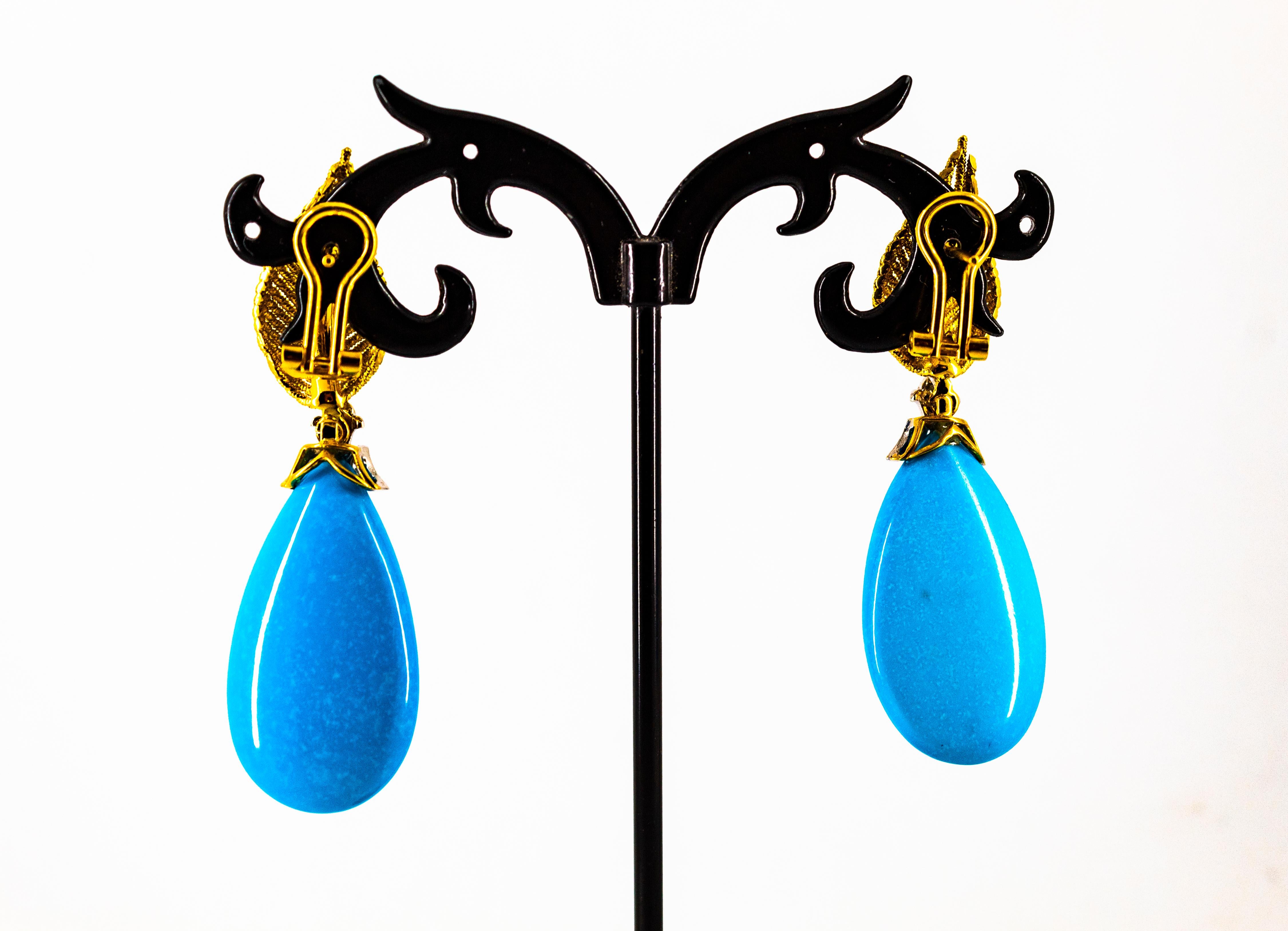 Art Nouveau White Brilliant Cut Diamond Turquoise Yellow Gold Clip-On Earrings 10