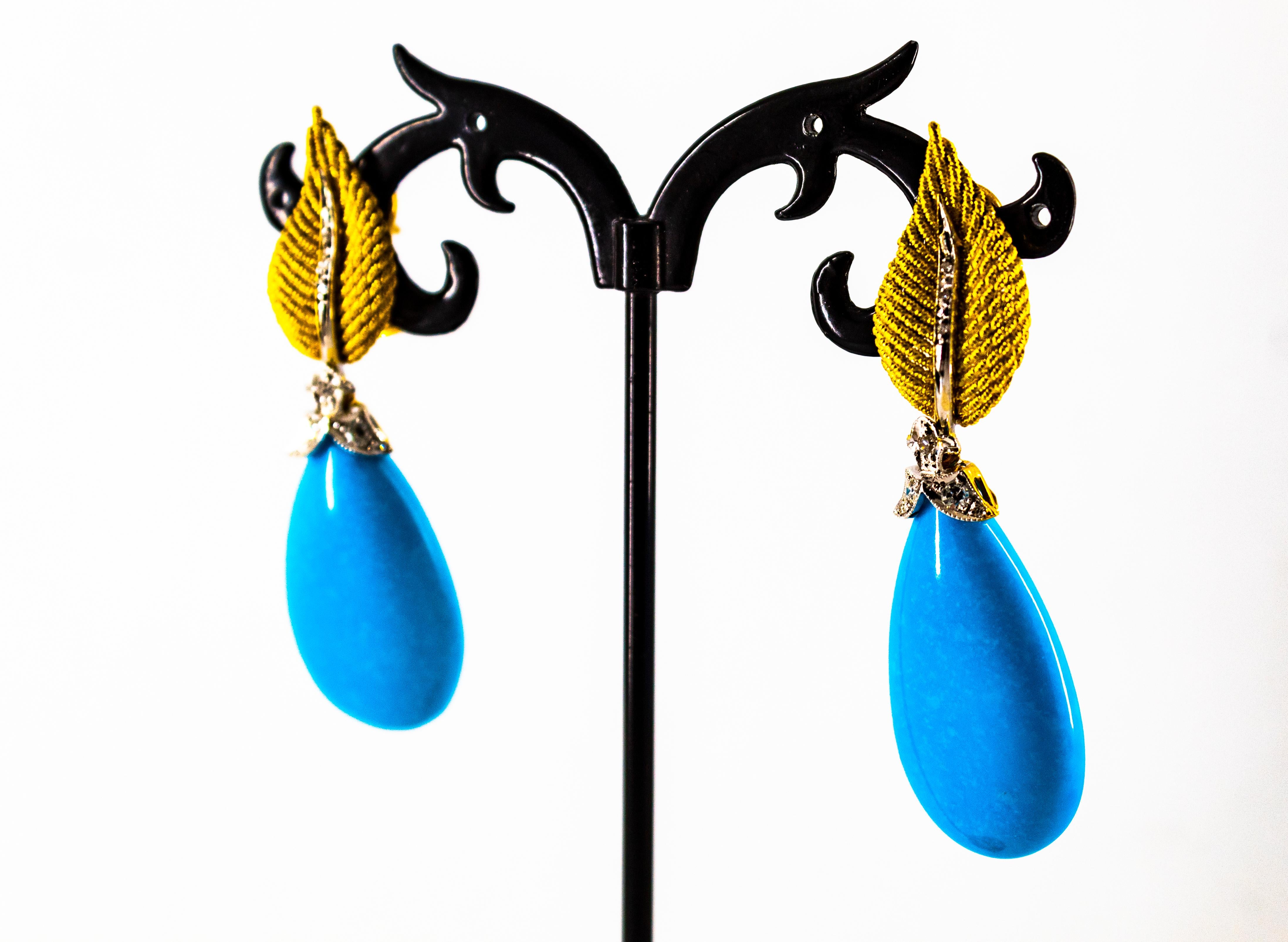 Art Nouveau White Brilliant Cut Diamond Turquoise Yellow Gold Clip-On Earrings 11