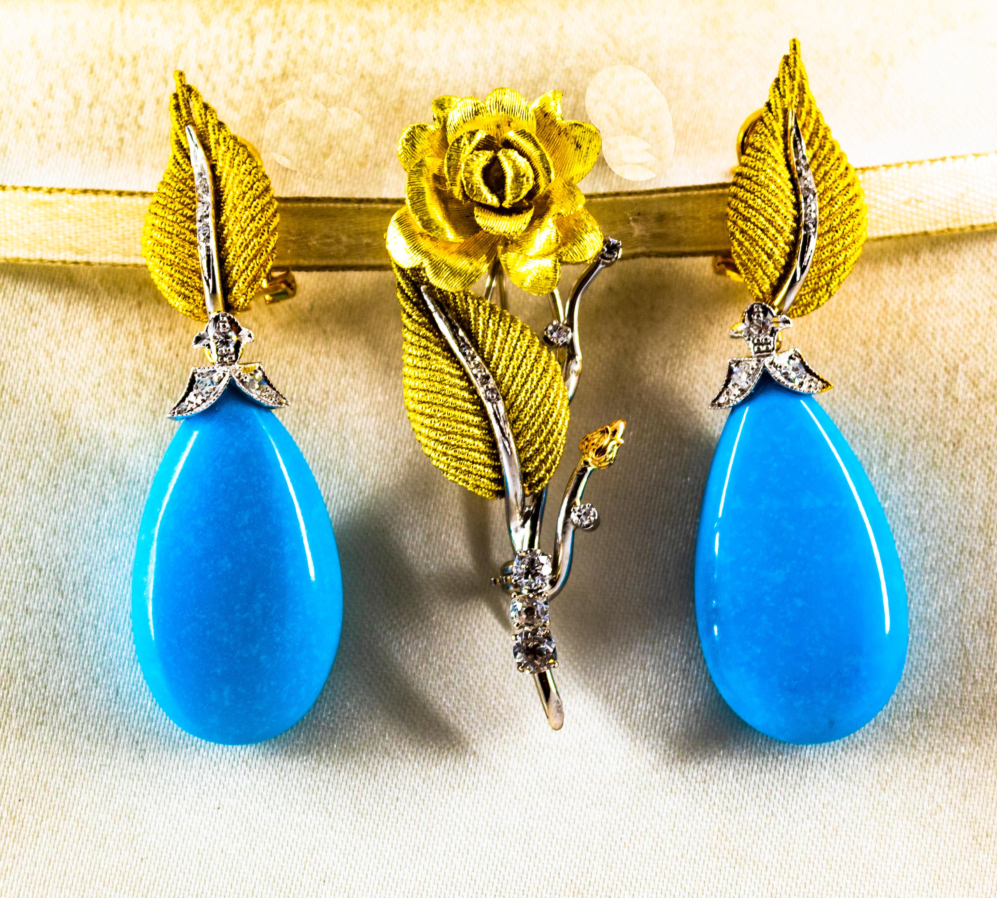 Art Nouveau White Brilliant Cut Diamond Turquoise Yellow Gold Clip-On Earrings 3