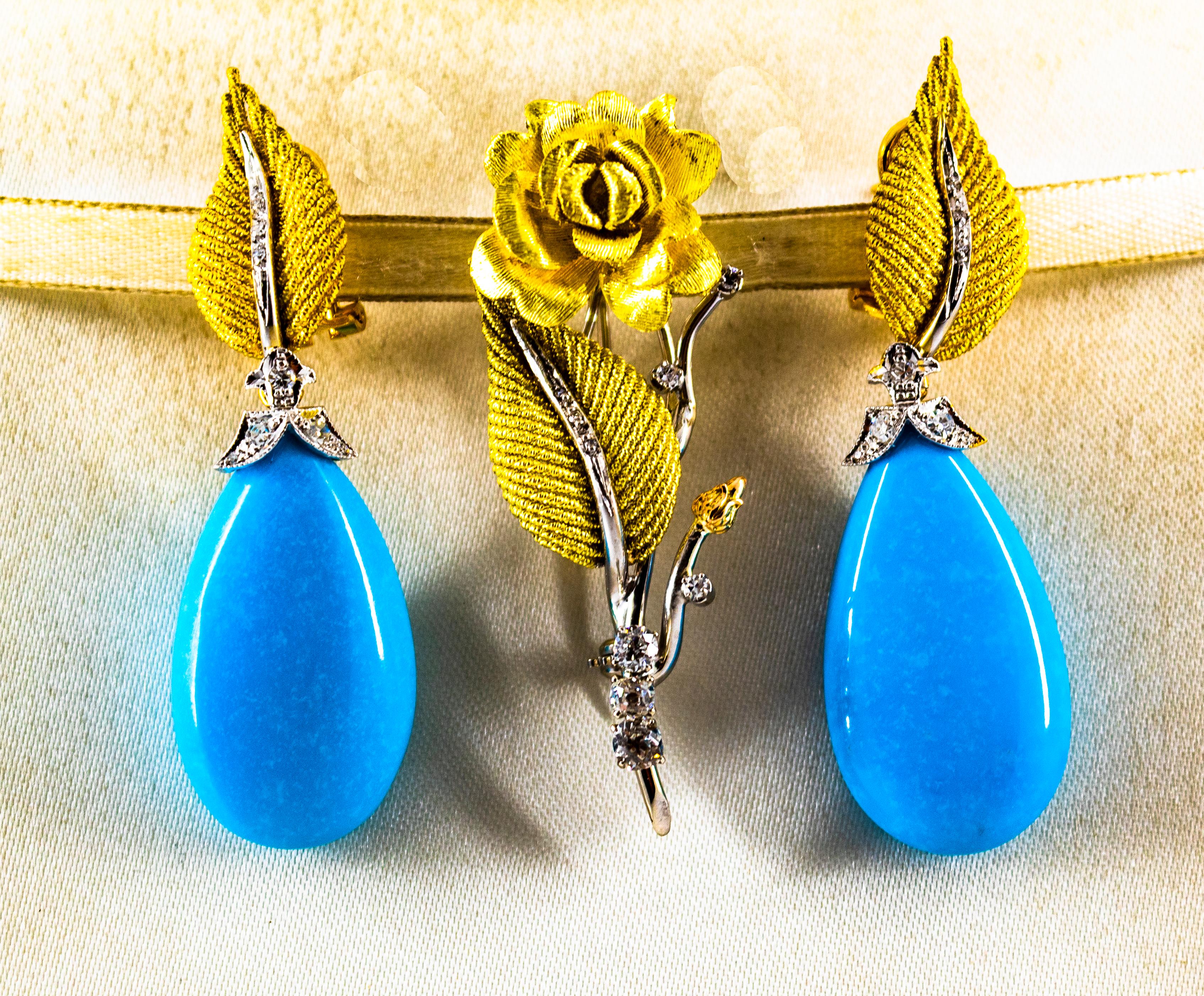 Art Nouveau White Brilliant Cut Diamond Turquoise Yellow Gold Clip-On Earrings 4