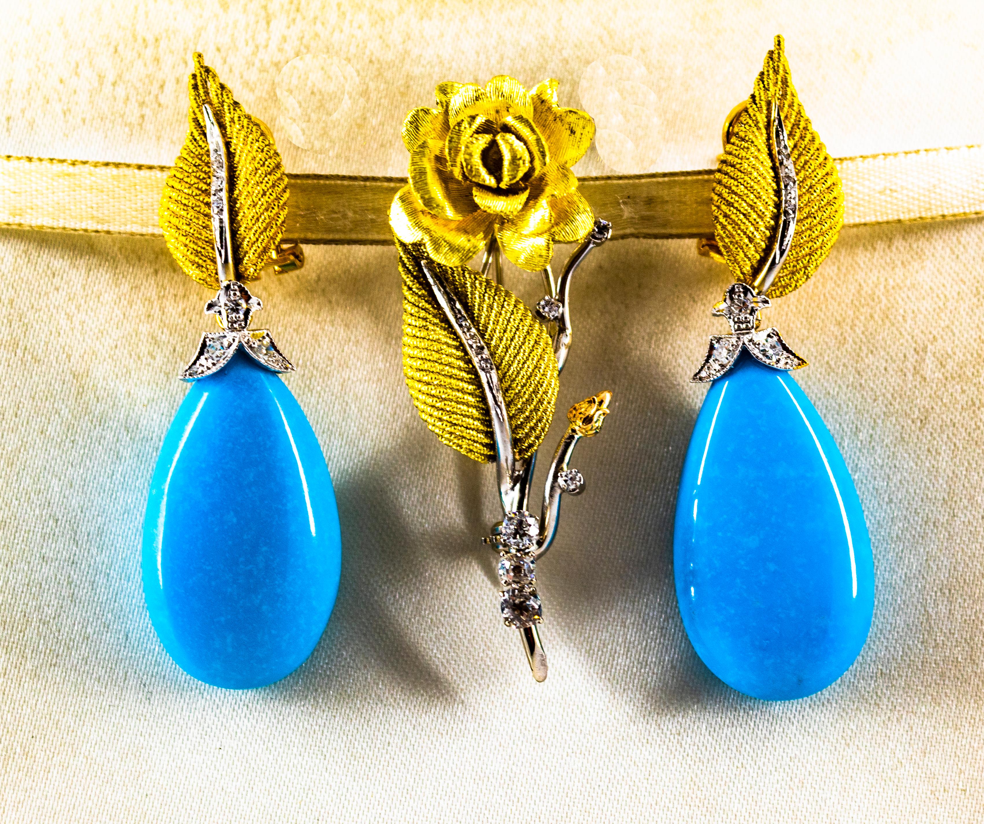 Art Nouveau White Brilliant Cut Diamond Turquoise Yellow Gold Clip-On Earrings 5