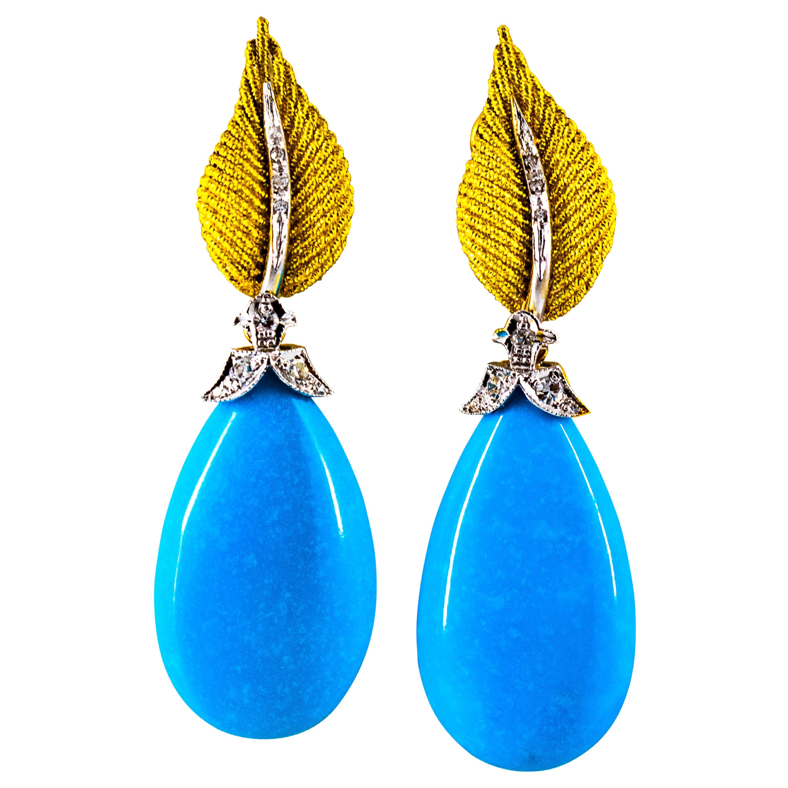 Art Nouveau White Brilliant Cut Diamond Turquoise Yellow Gold Clip-On Earrings