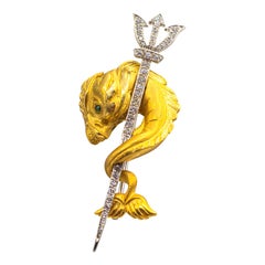 Art Nouveau White Brilliant Cut Diamond Yellow Gold "Poseidon's Pistrice" Brooch