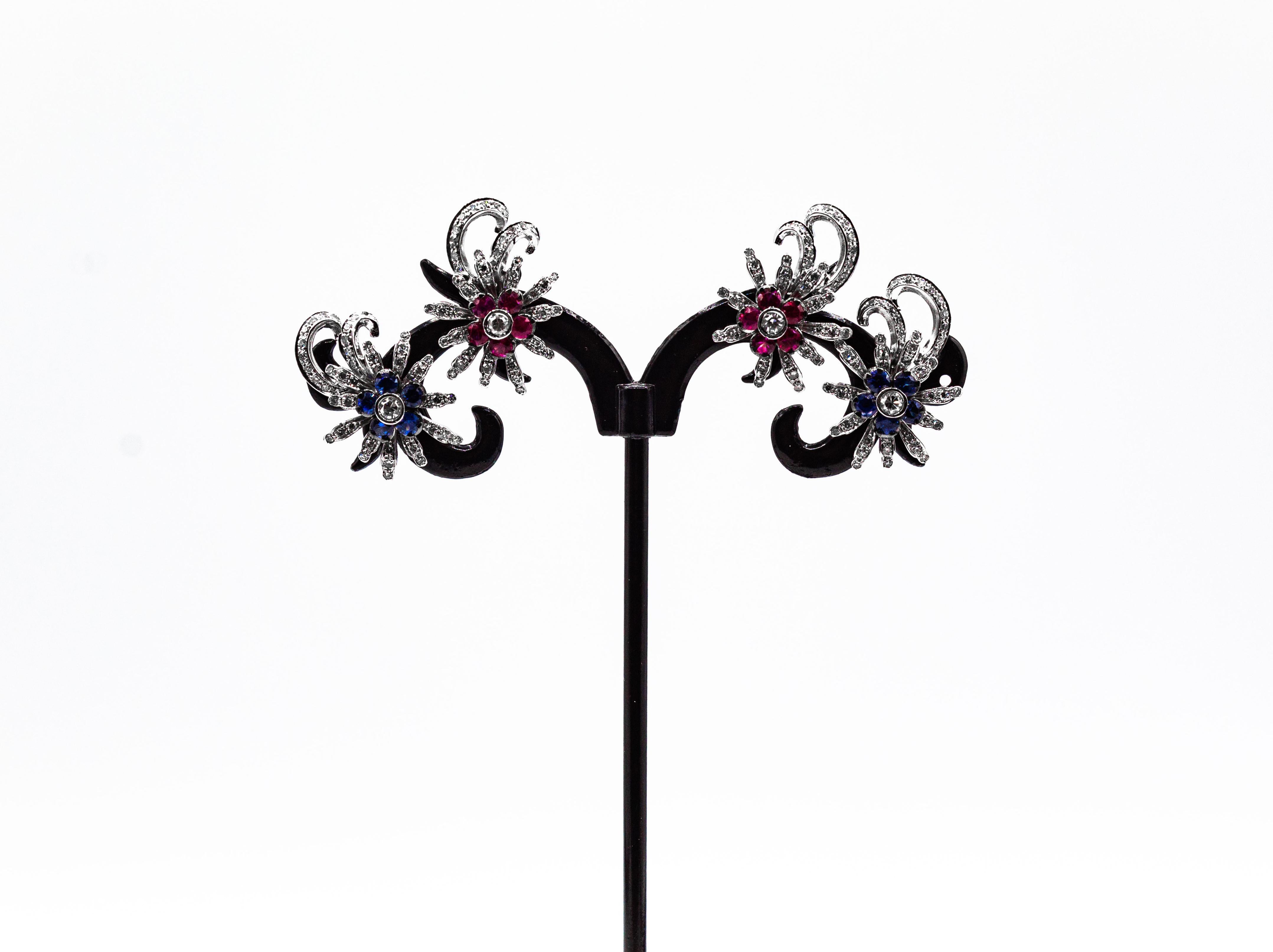 Taille brillant Art Nouveau Boucles d'oreilles en plaqué or blanc Zircon bleu saphir taille brillant en vente