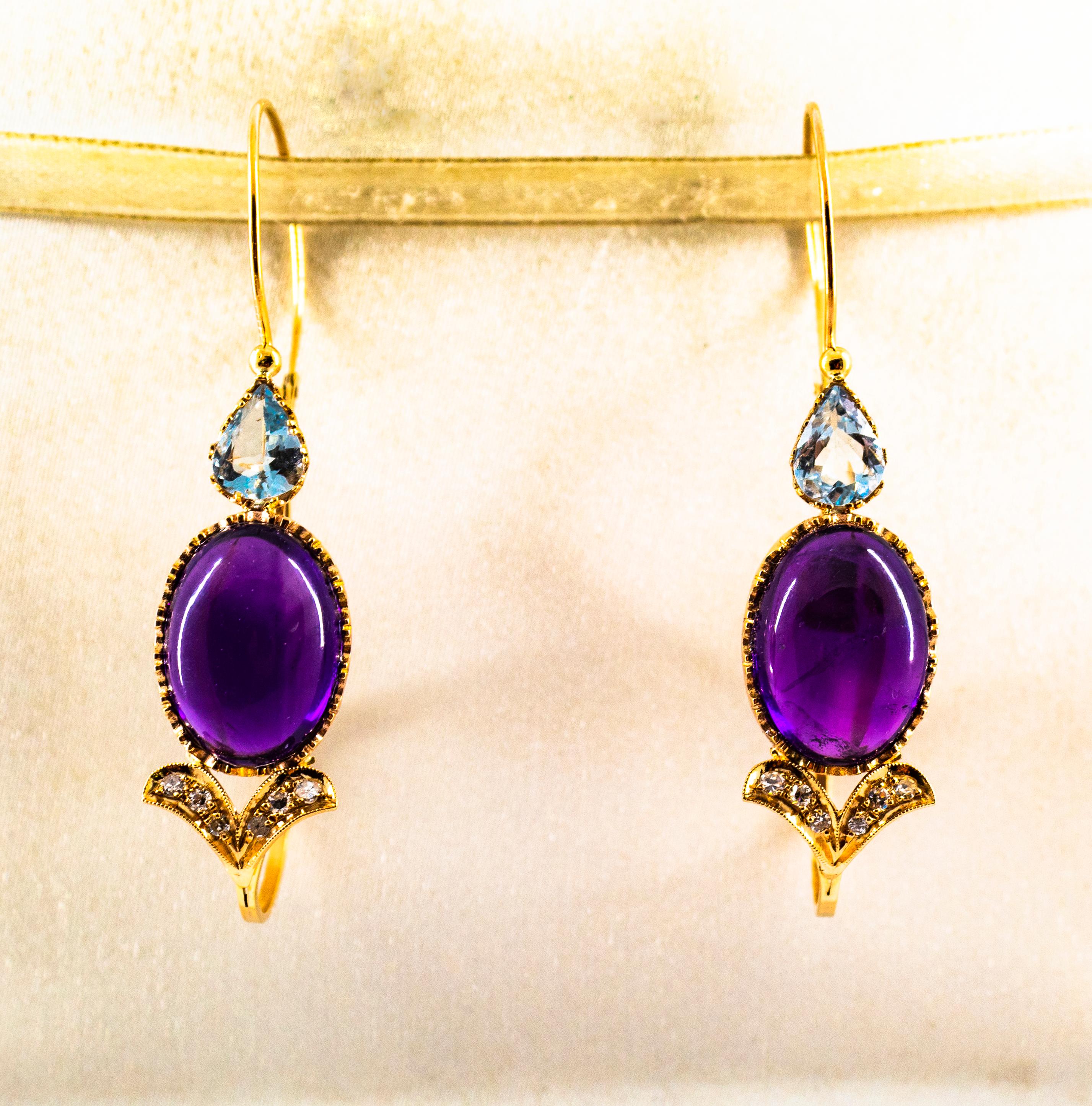 Taille cabochon Boucles d'oreilles à levier Art nouveau diamant blanc aigue-marine améthyste or jaune en vente