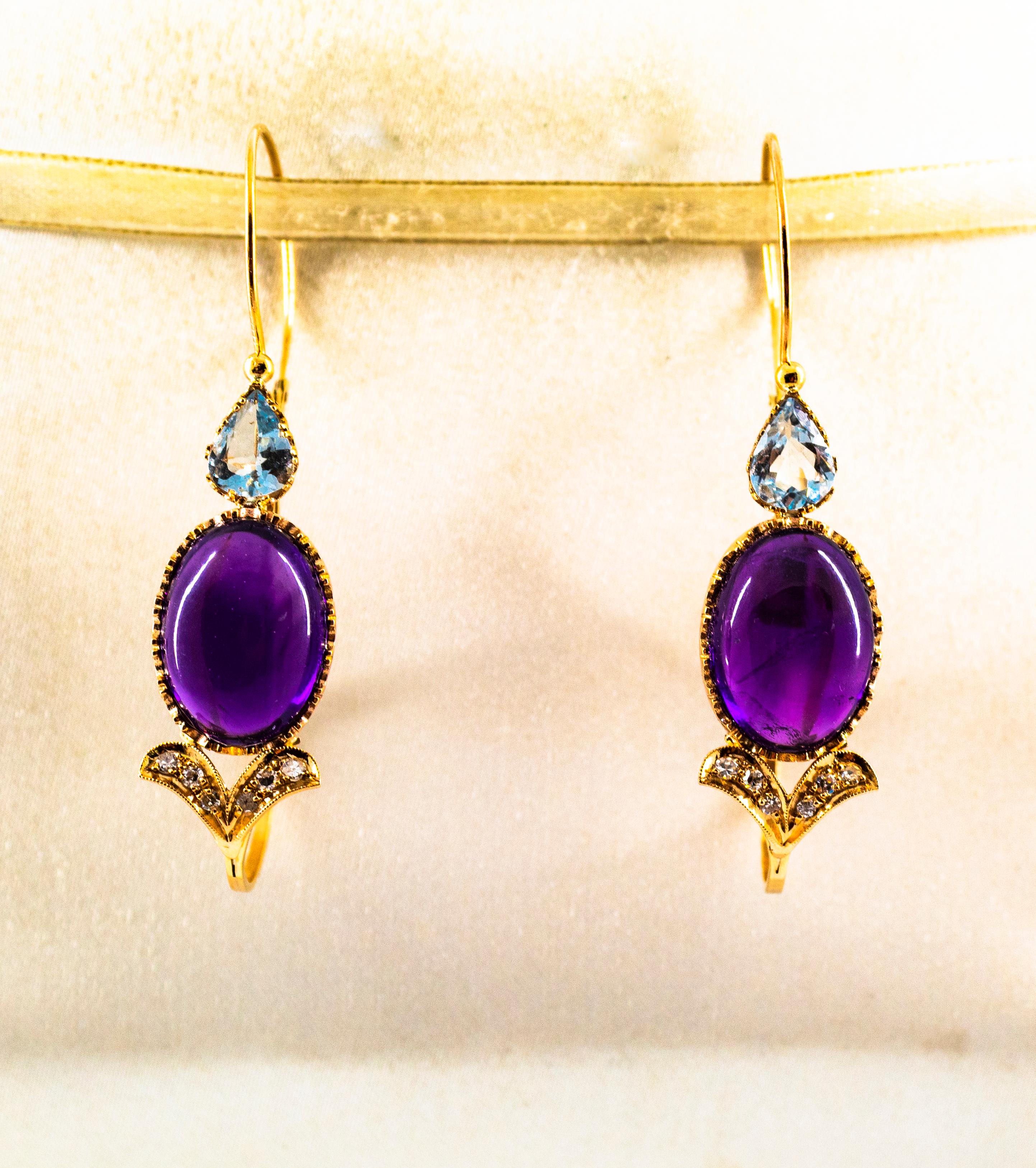 Art Nouveau White Diamond Aquamarine Amethyst Yellow Gold Lever-Back Earrings In New Condition For Sale In Naples, IT
