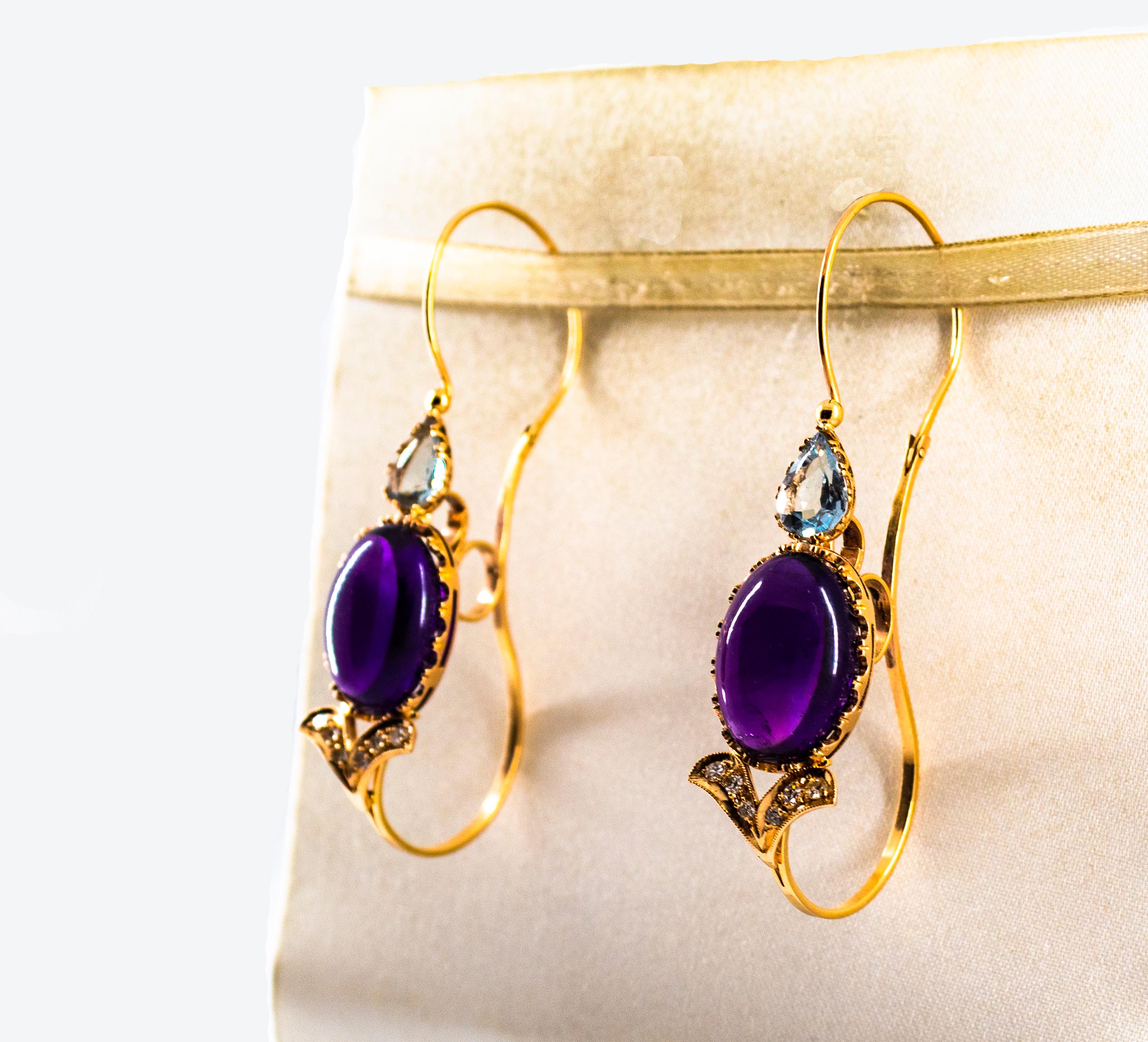 Boucles d'oreilles à levier Art nouveau diamant blanc aigue-marine améthyste or jaune Unisexe en vente