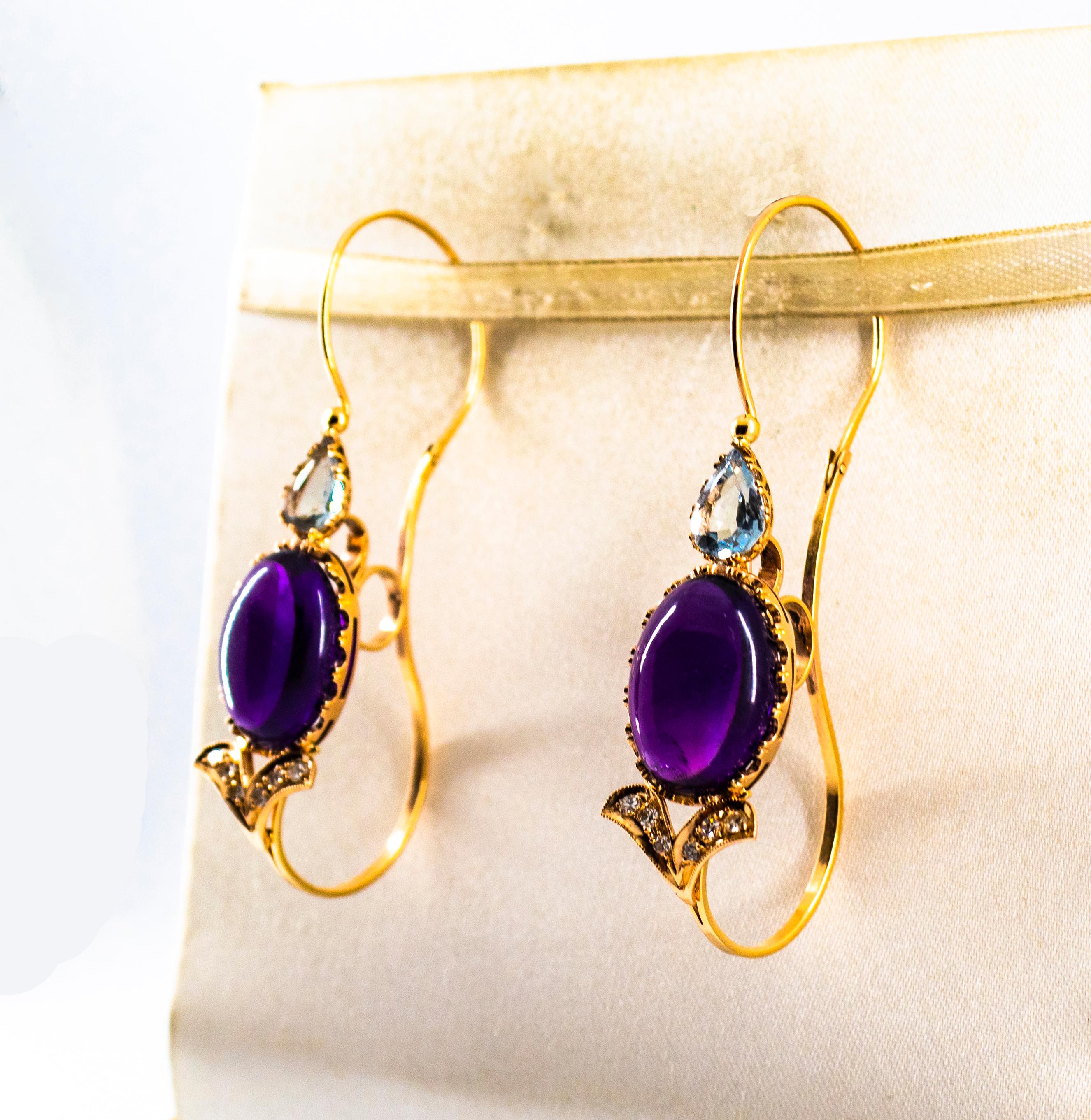 Art Nouveau White Diamond Aquamarine Amethyst Yellow Gold Lever-Back Earrings For Sale 1