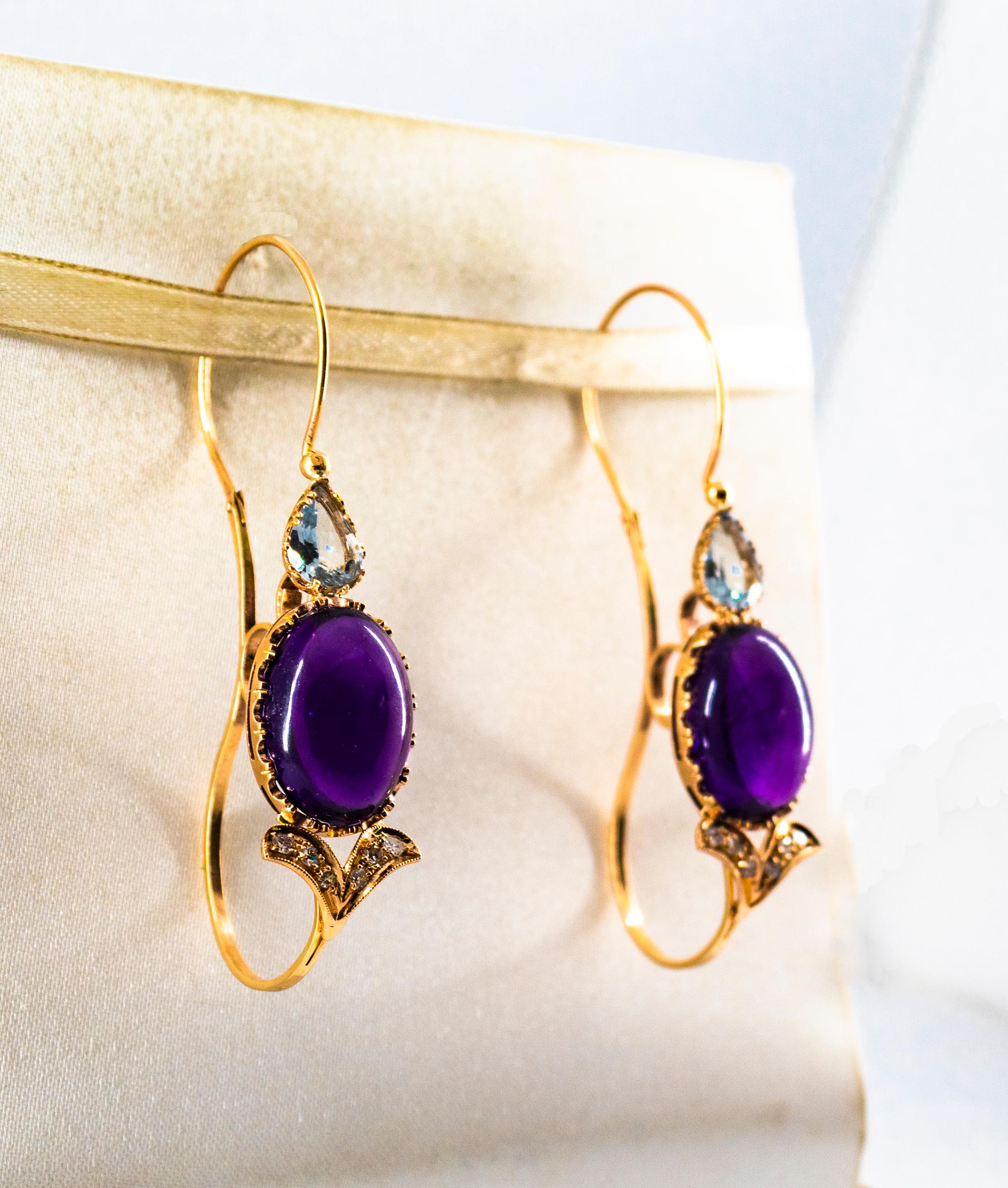 Boucles d'oreilles à levier Art nouveau diamant blanc aigue-marine améthyste or jaune en vente 2