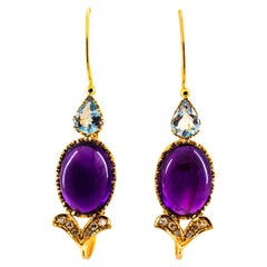 Art Nouveau Pendientes Palanca Oro Amarillo Diamante Blanco Aguamarina Amatista