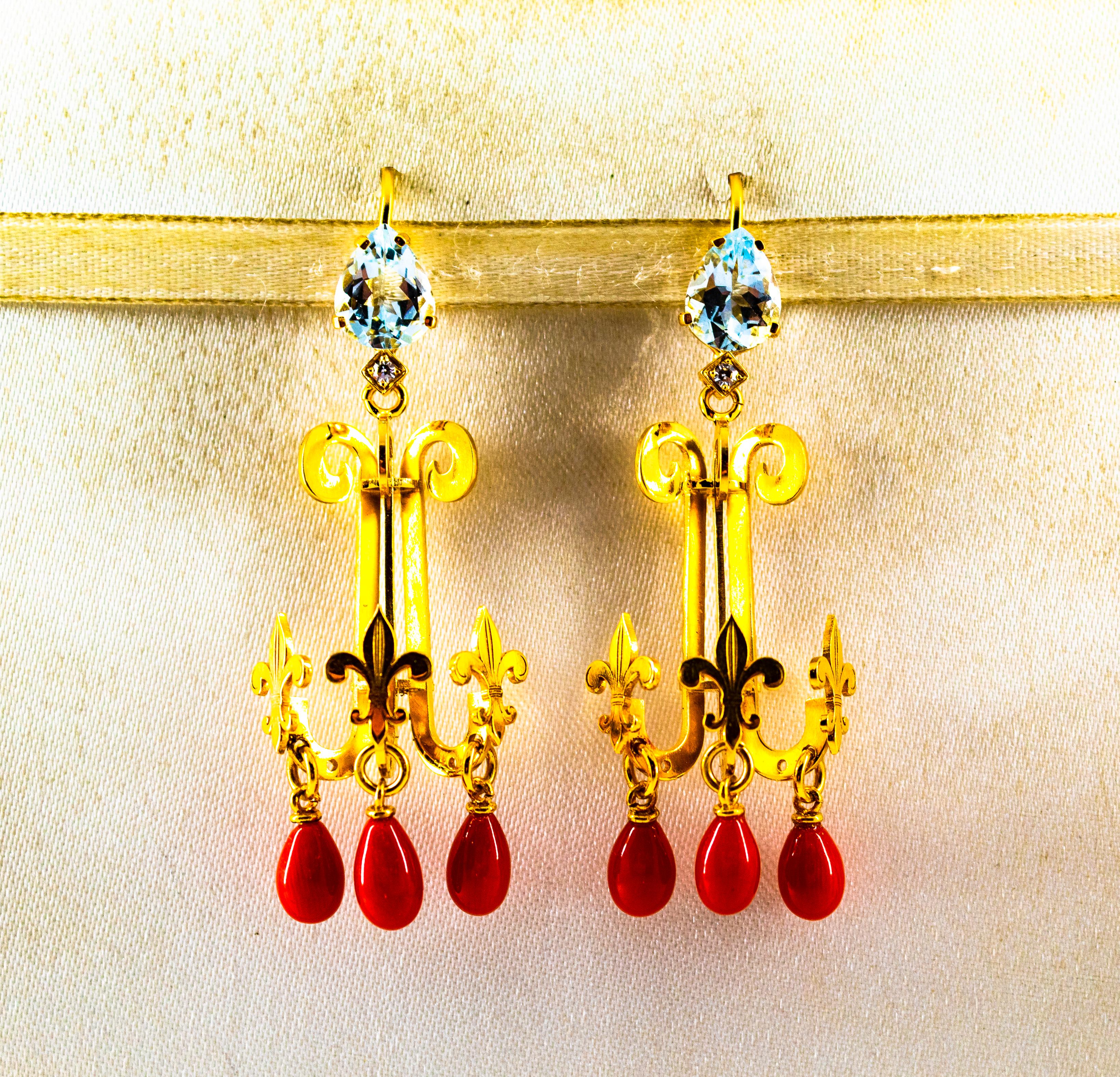 Mixed Cut Art Nouveau White Diamond Aquamarine Red Coral Yellow Gold Chandelier Earrings For Sale