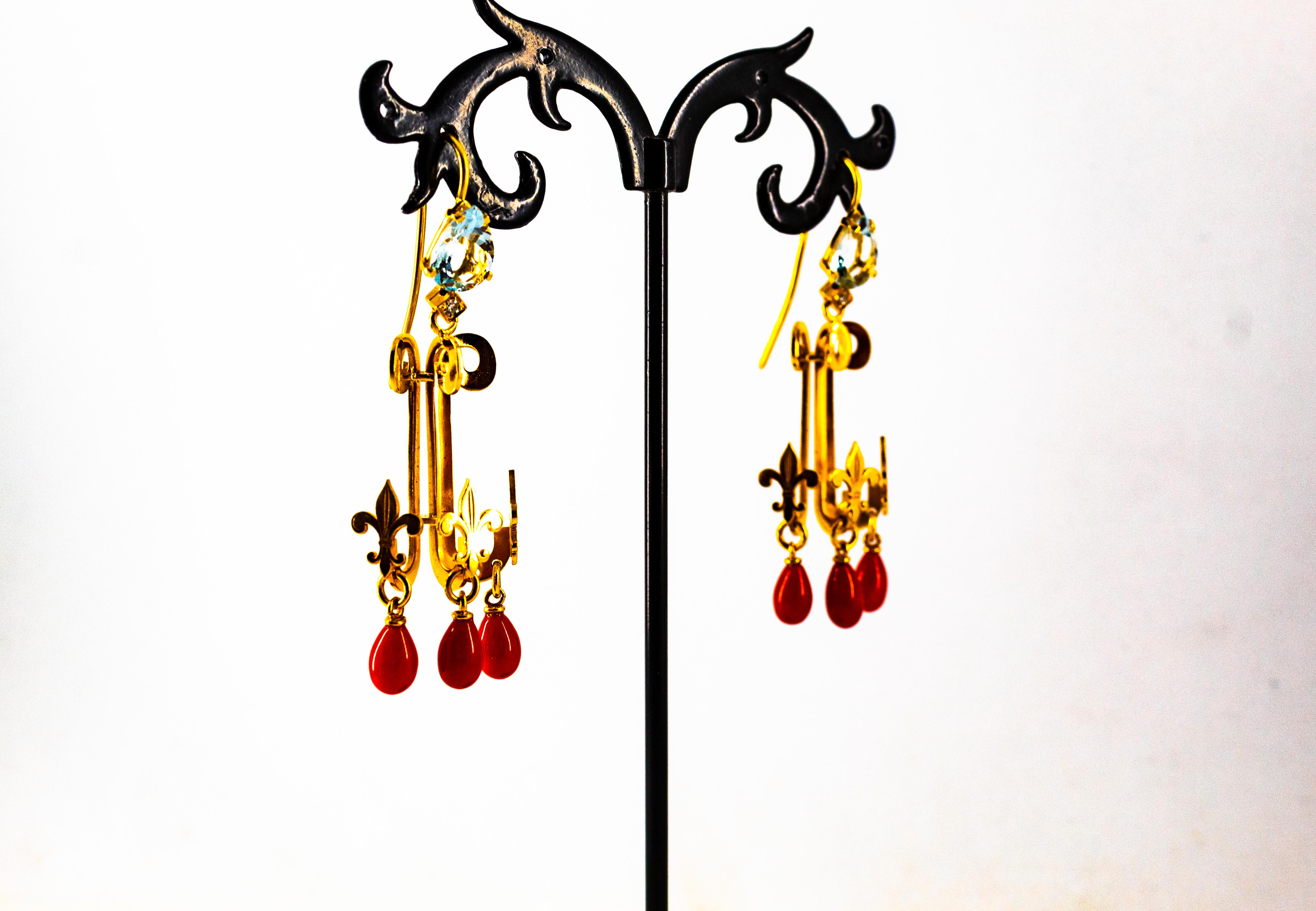Art Nouveau White Diamond Aquamarine Red Coral Yellow Gold Chandelier Earrings For Sale 2