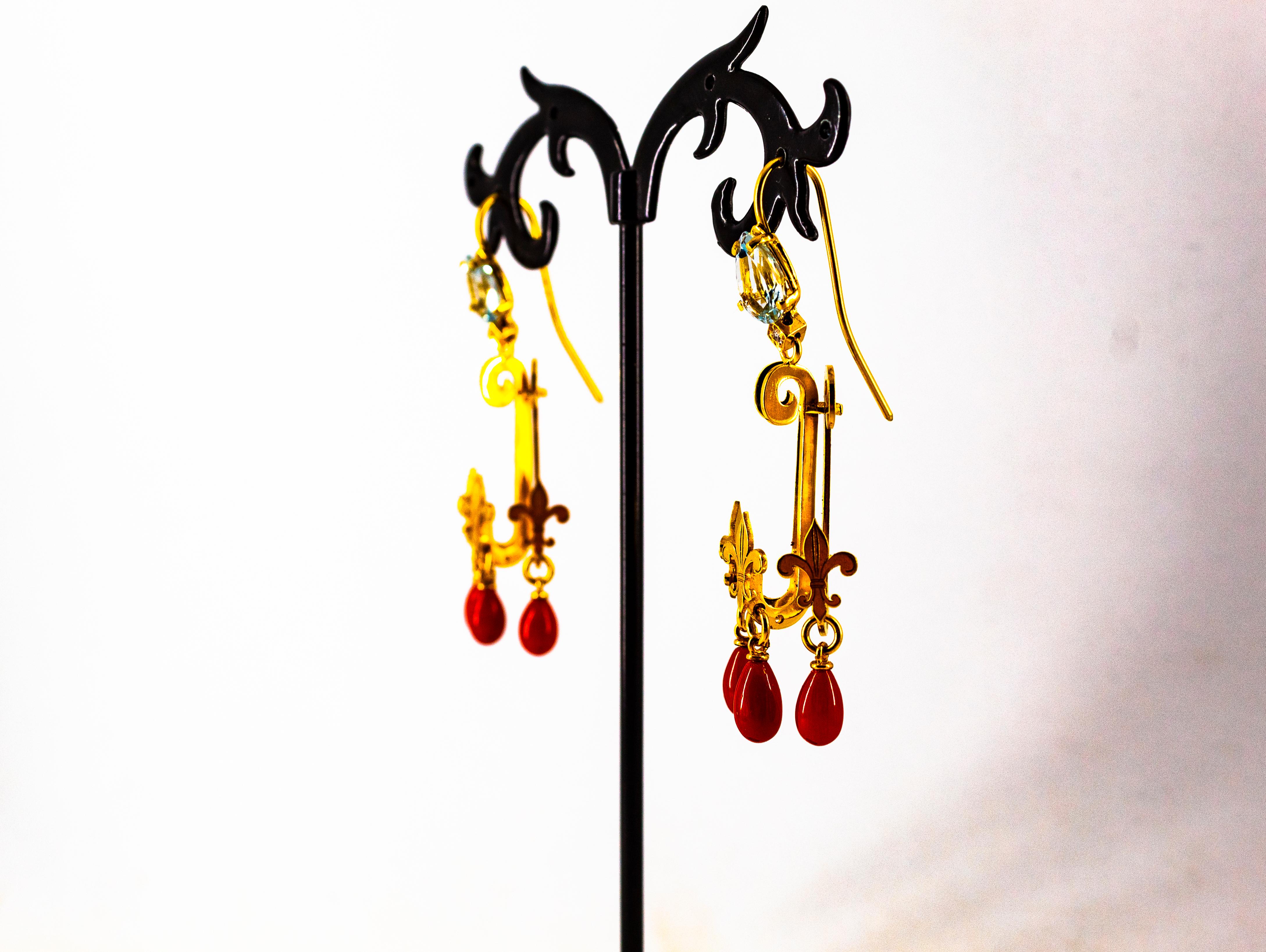 Art Nouveau White Diamond Aquamarine Red Coral Yellow Gold Chandelier Earrings For Sale 4