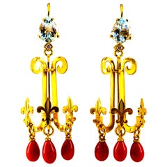 Art Nouveau White Diamond Aquamarine Red Coral Yellow Gold Chandelier Earrings