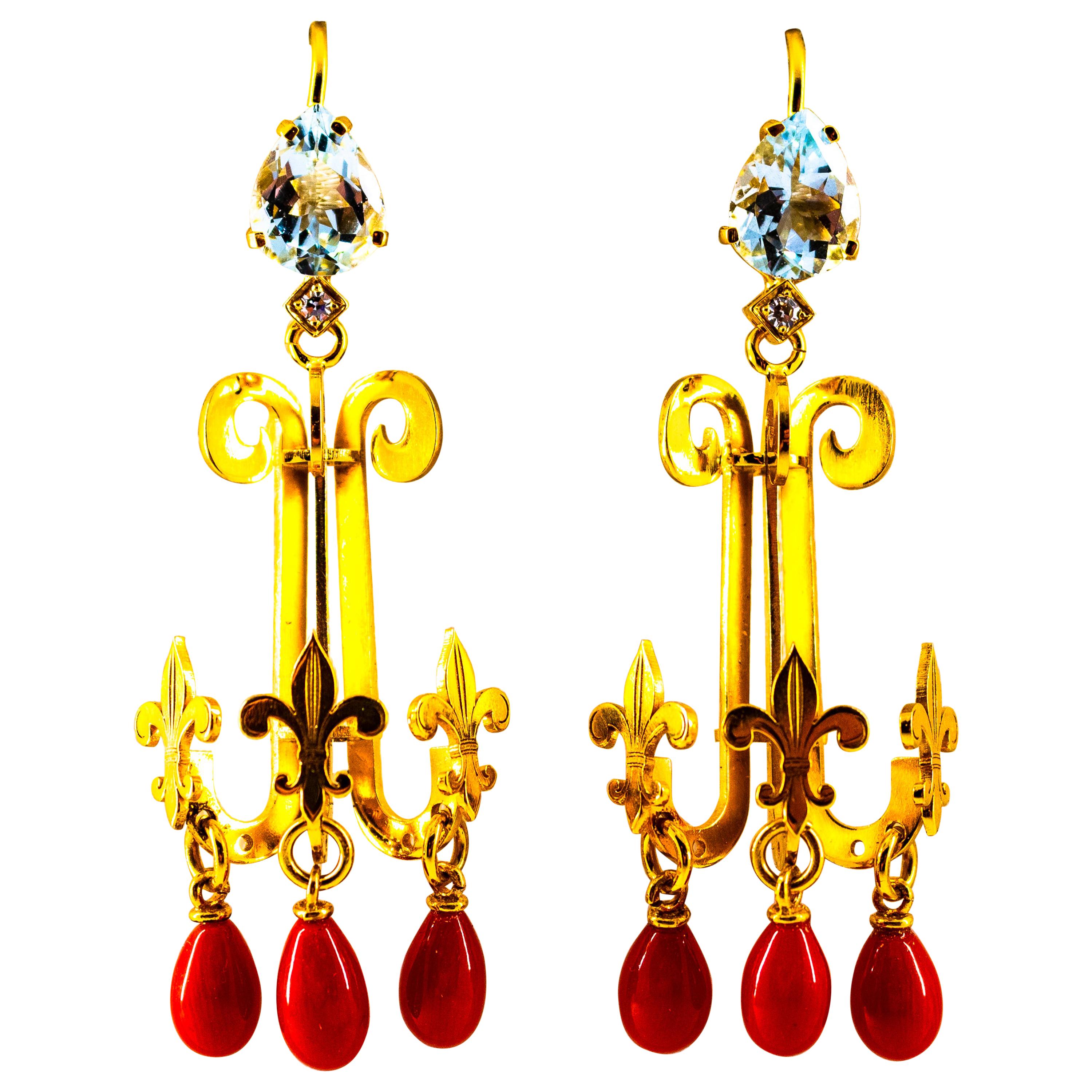 Art Nouveau White Diamond Aquamarine Red Coral Yellow Gold Chandelier Earrings For Sale