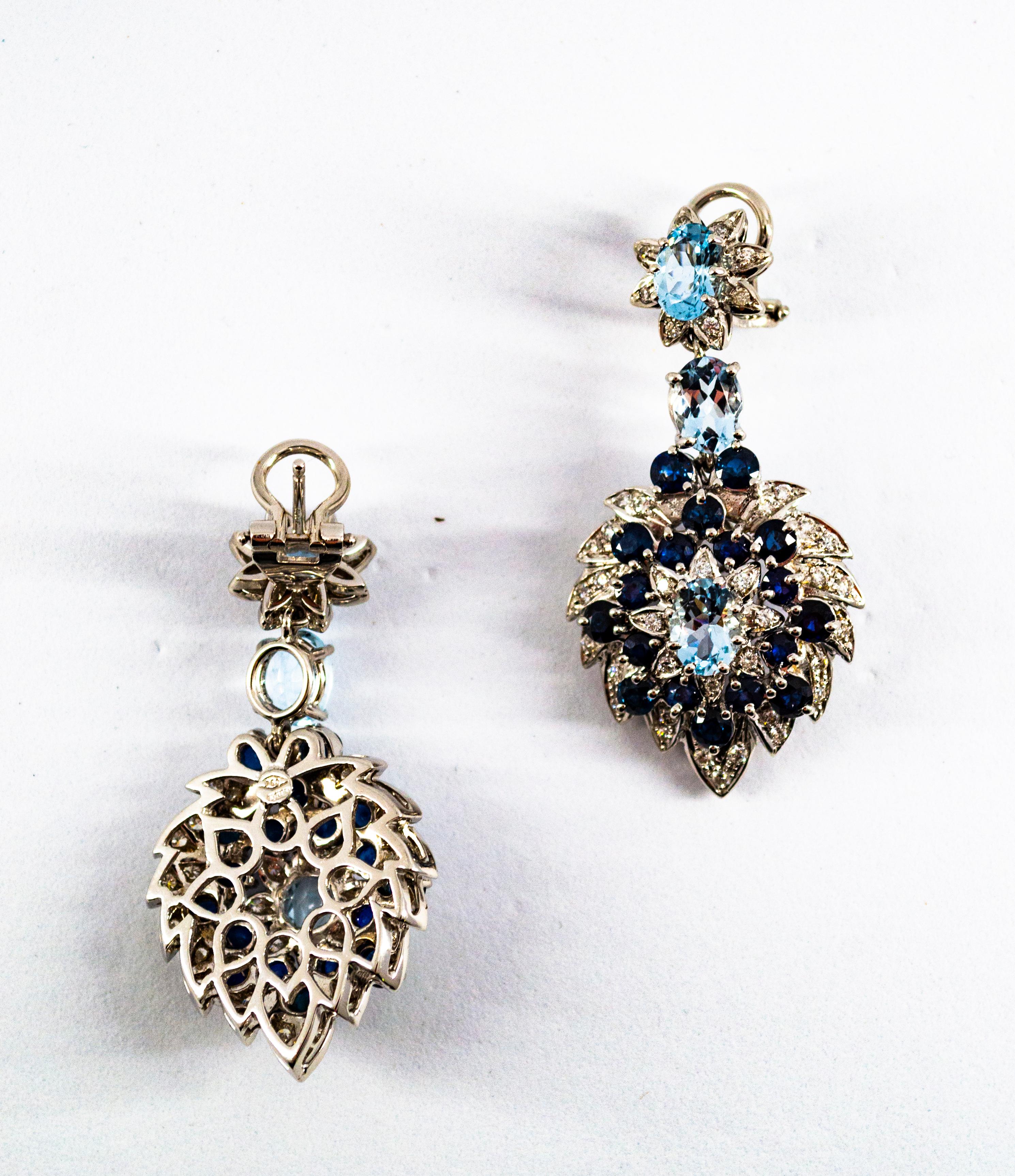 Jugendstil-Ohrclips mit weißem Diamanten, blauem Saphir und Aquamarin aus Weißgold im Angebot 4