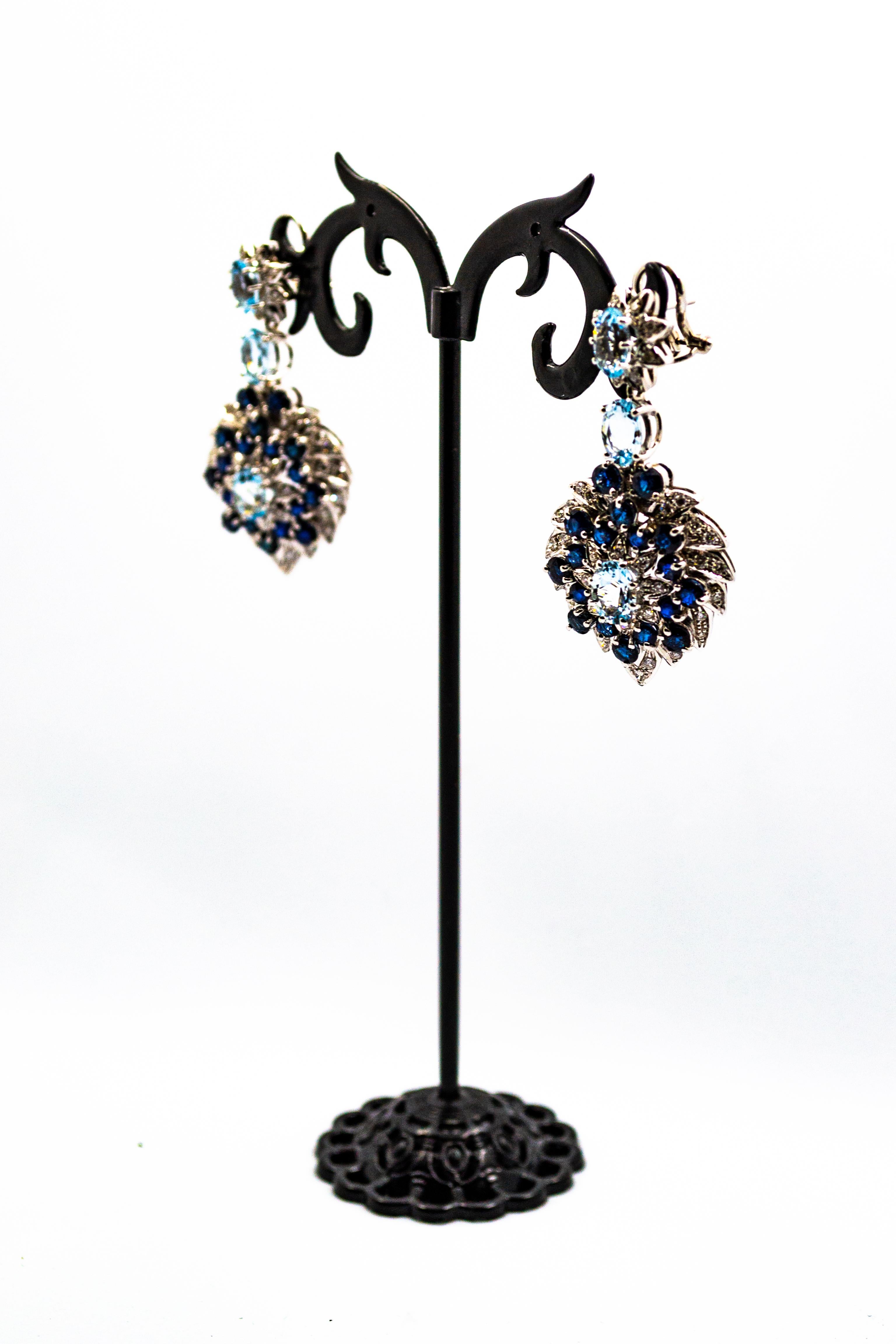 Jugendstil-Ohrclips mit weißem Diamanten, blauem Saphir und Aquamarin aus Weißgold (Art nouveau) im Angebot