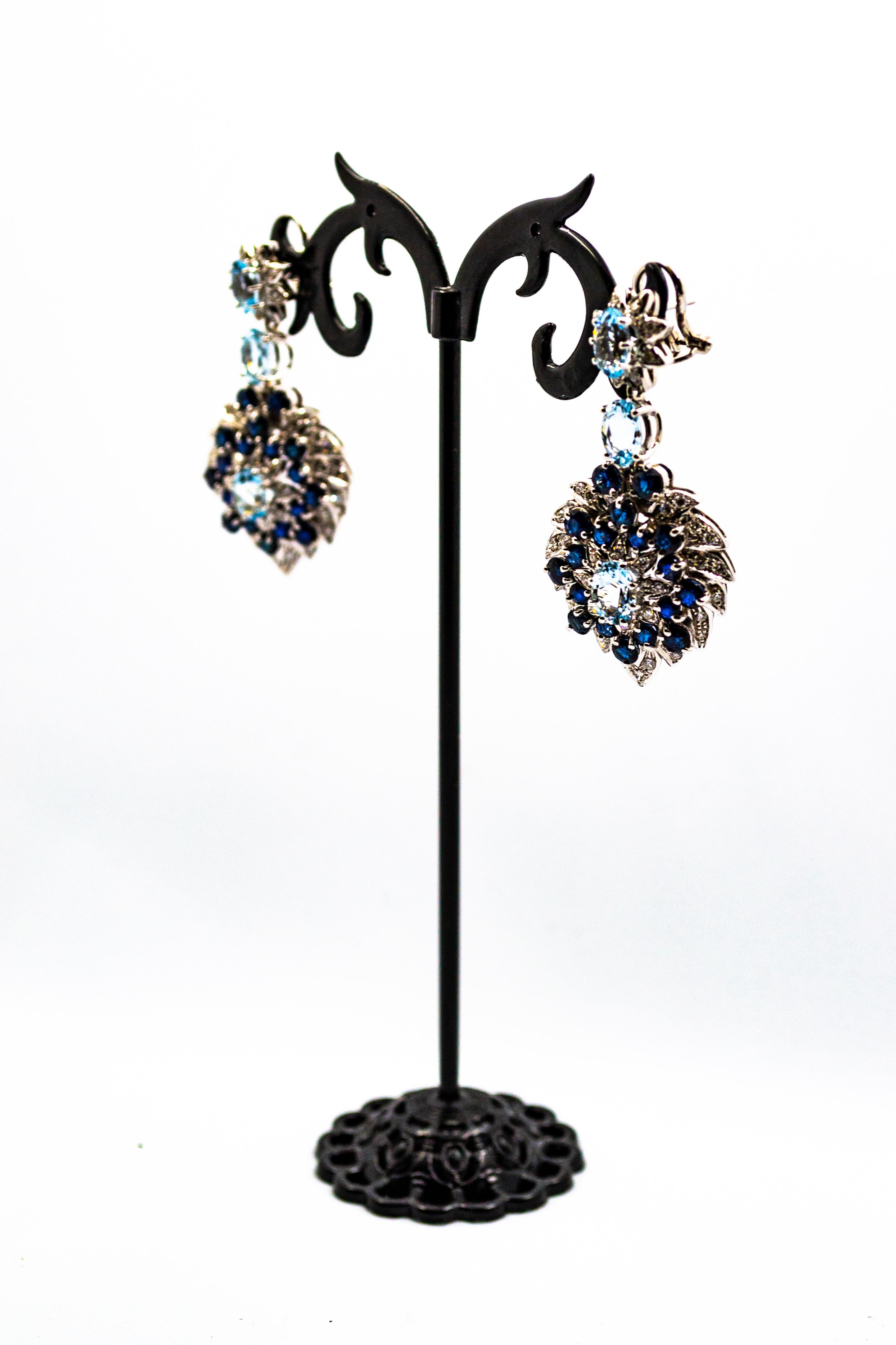 Art Nouveau Orecchini a clip in oro bianco con diamanti bianchi, zaffiri blu e acquamarine in vendita