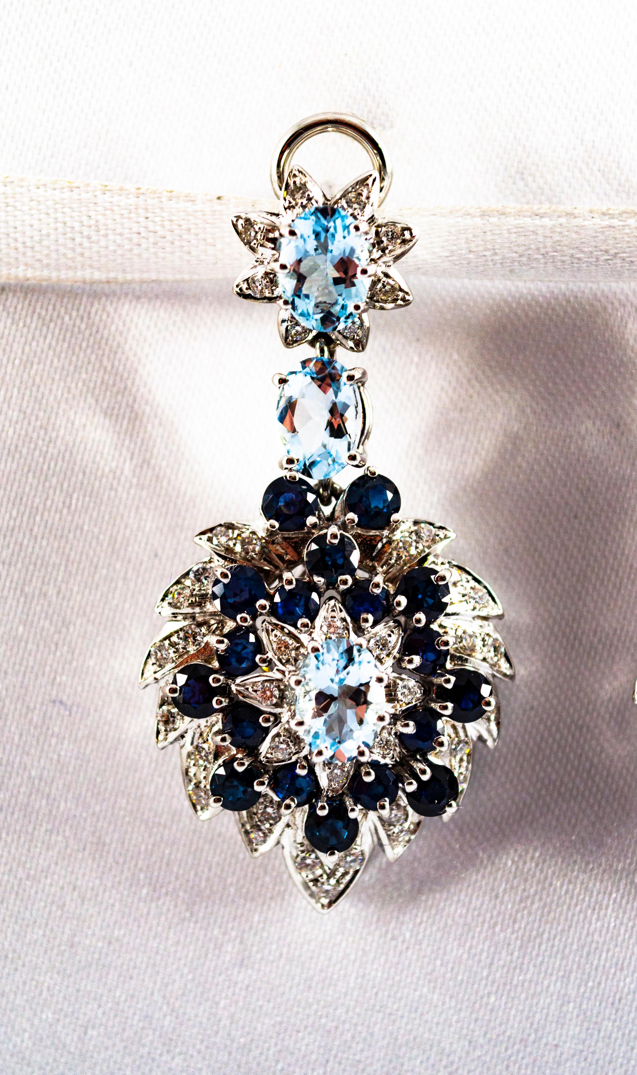 Jugendstil-Ohrclips mit weißem Diamanten, blauem Saphir und Aquamarin aus Weißgold für Damen oder Herren im Angebot