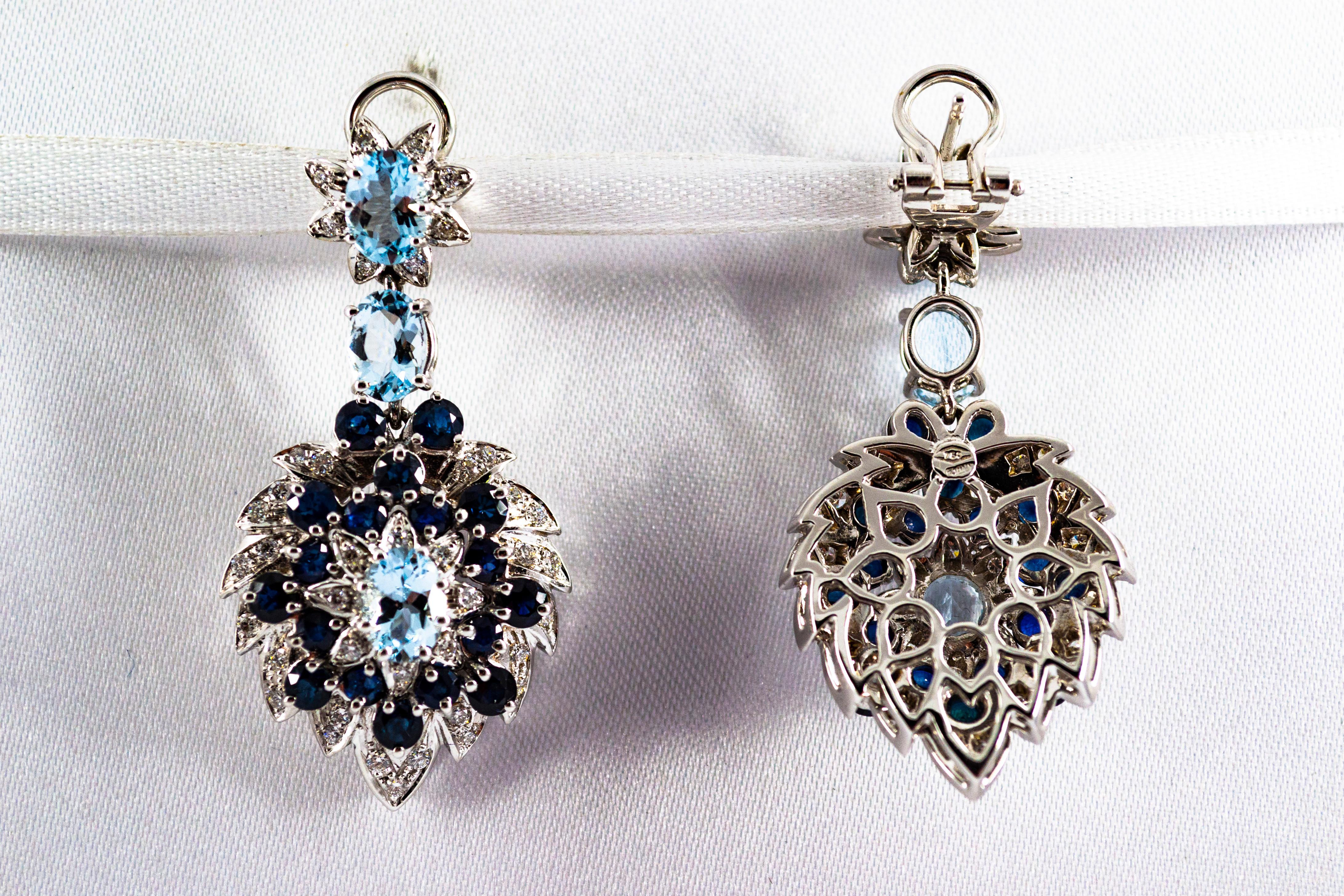Orecchini a clip in oro bianco con diamanti bianchi, zaffiri blu e acquamarine in vendita 1