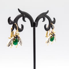 Art Nouveau White Diamond Blue Sapphire Emerald Yellow Gold "Flies" Earrings